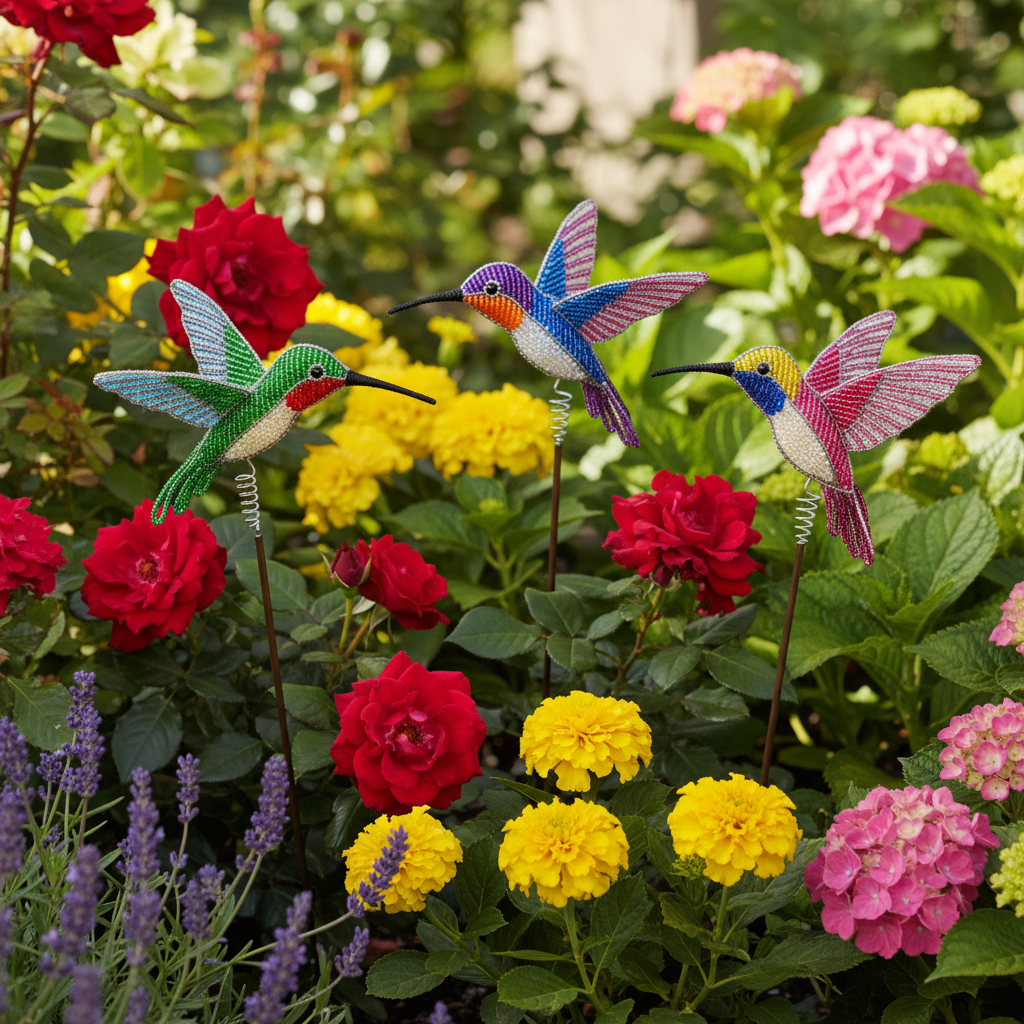 Colorful beaded hummingbird garden stakes displayed in a lush garden bed with blooming flowers outdoors