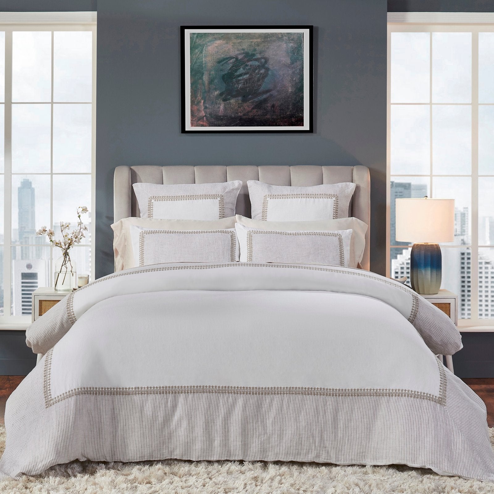 DT-031-9092_1|Luxurious white duvet cover adorned with a sophisticated taupe striped border and elegant embroidery, perfect for refined bedrooms.