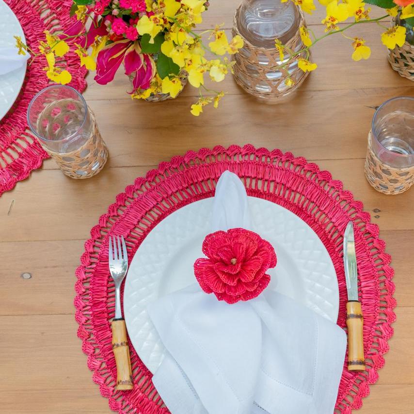 Buriti straw placemat handwoven from natural Brazilian palm fiber in red by Talah Home