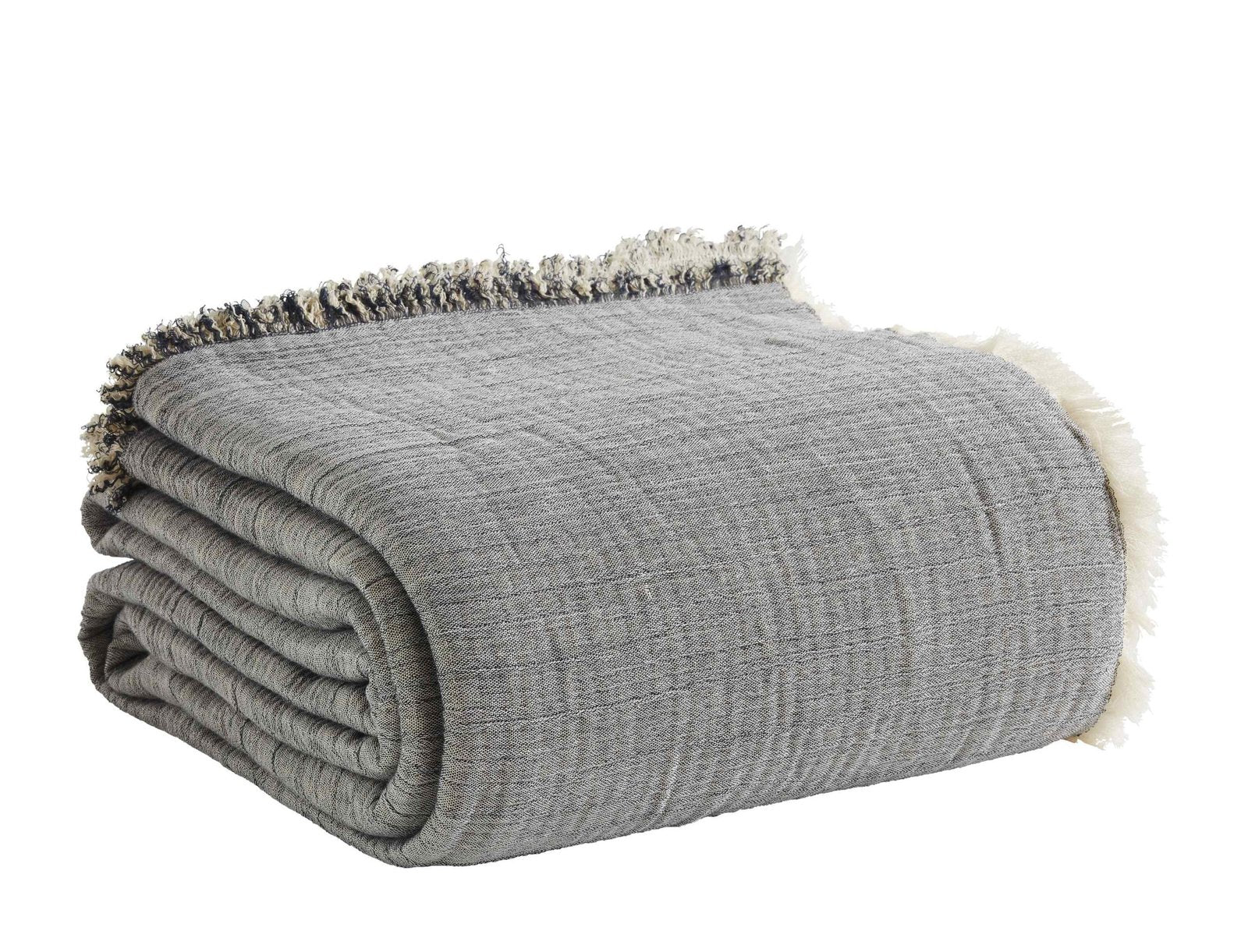 BT-104-11096_3|Neatly folded gray textured blanket with off-white fringed edges, providing cozy warmth and a sophisticated look.