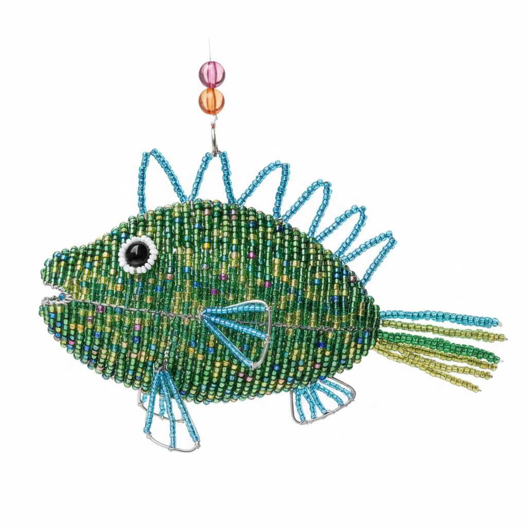 Speckle Fish handcrafted beaded ornament on white background