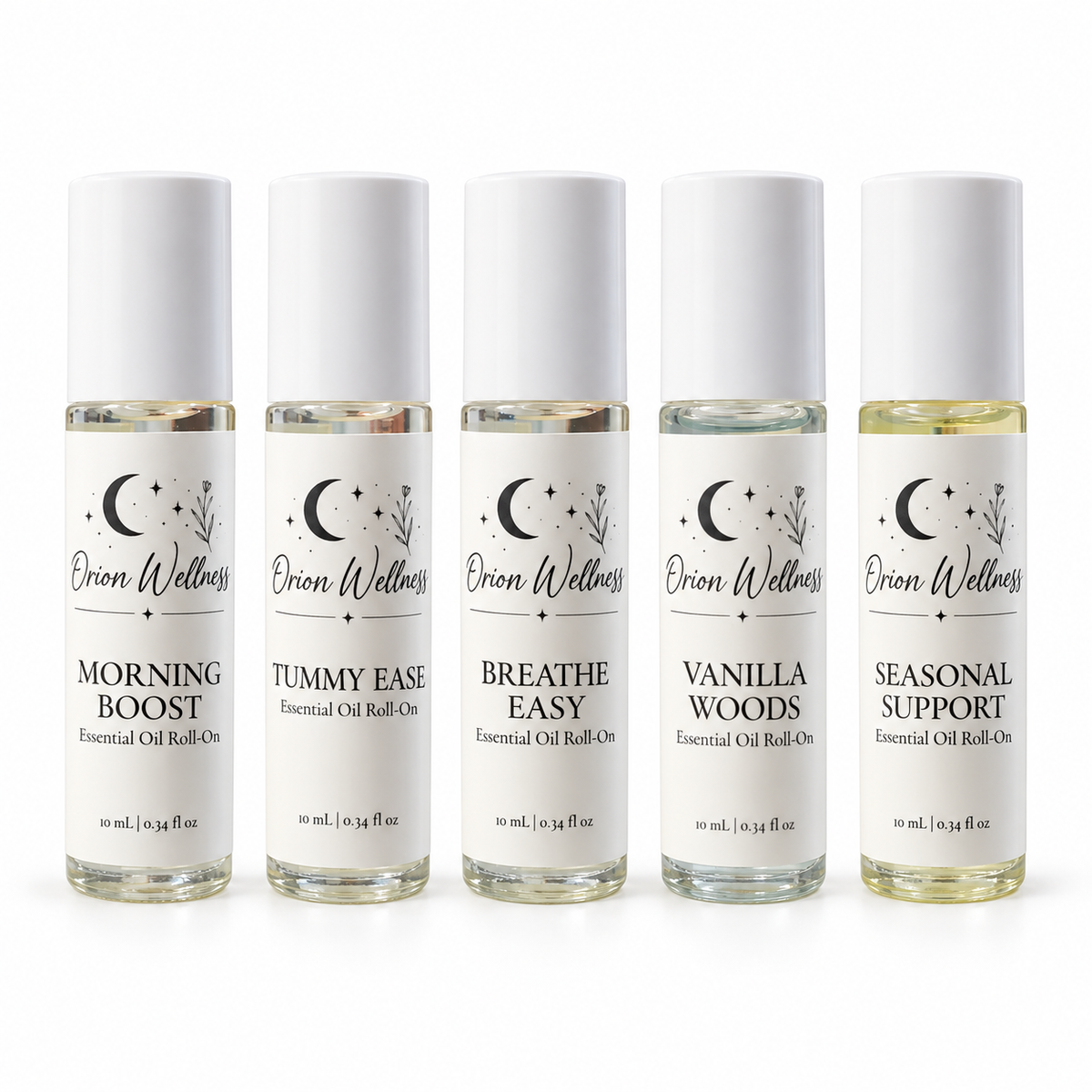 Orion Wellness five-piece set: Morning Boost, Tummy Ease, Breathe Easy, Vanilla Woods, and Seasonal Support on white