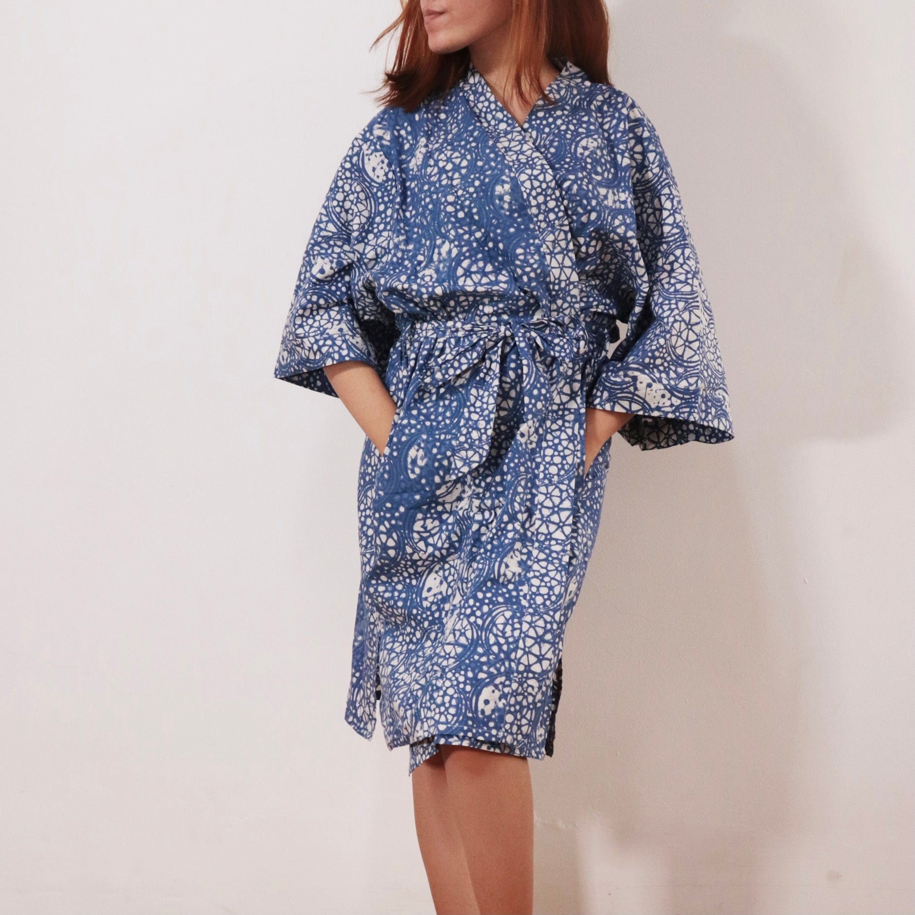 Handmade Batik Robe/ Kimono, Blue Stone, Hand Dyed, 100% Cotton