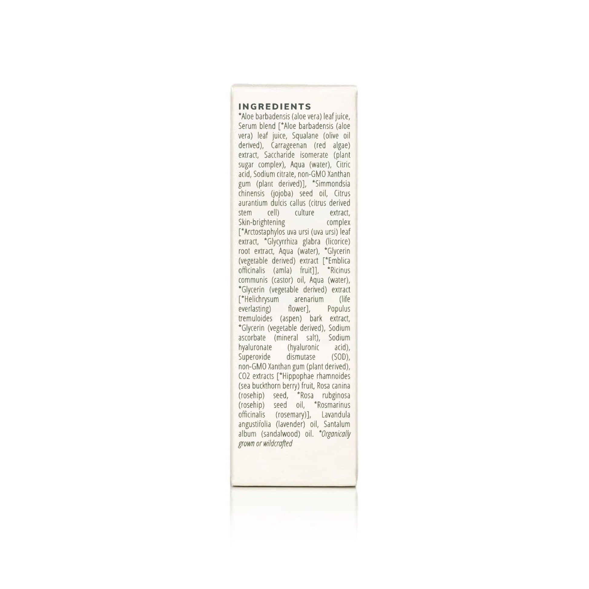 Back panel of Annmarie Citrus Stem Cell Serum box displaying full ingredient list including aloe vera, citrus stem cells, uva ursi, licorice root, and botanical extracts.