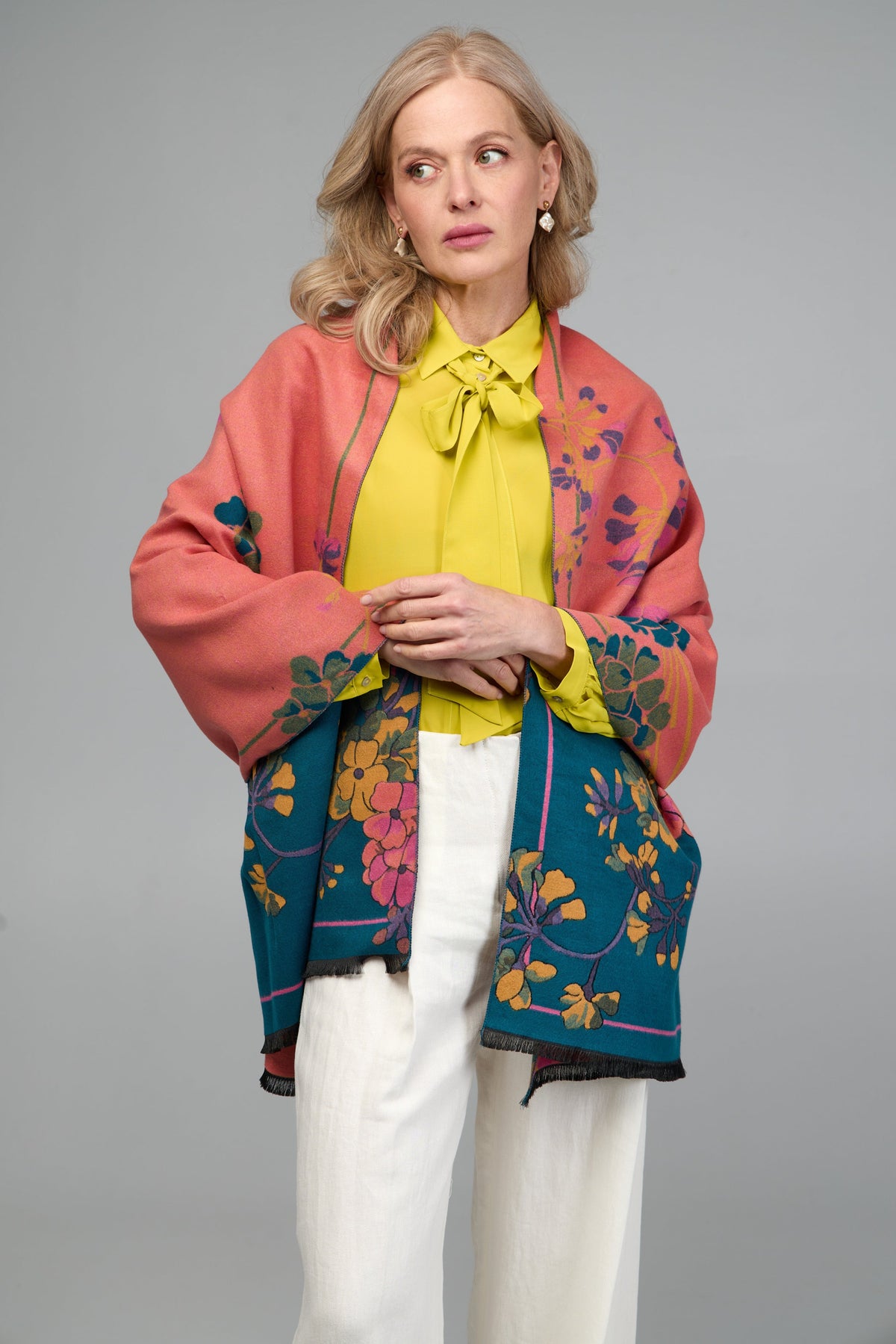 Two Tone Floral Reversible Scarf - Teal