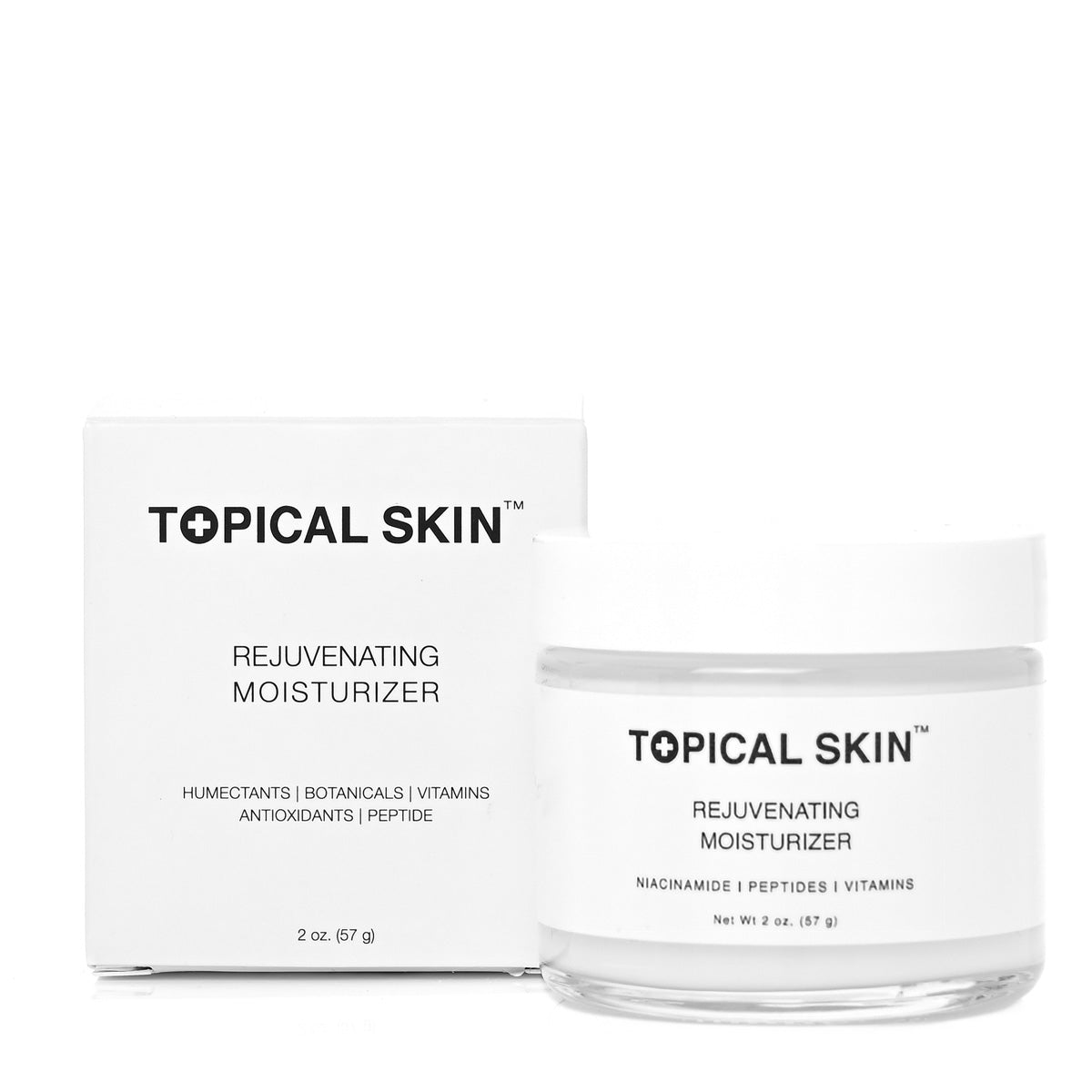 Rejuvenating Moisturizer TOPICAL SKIN moisturizer in white jar with niacinamide and peptides on label