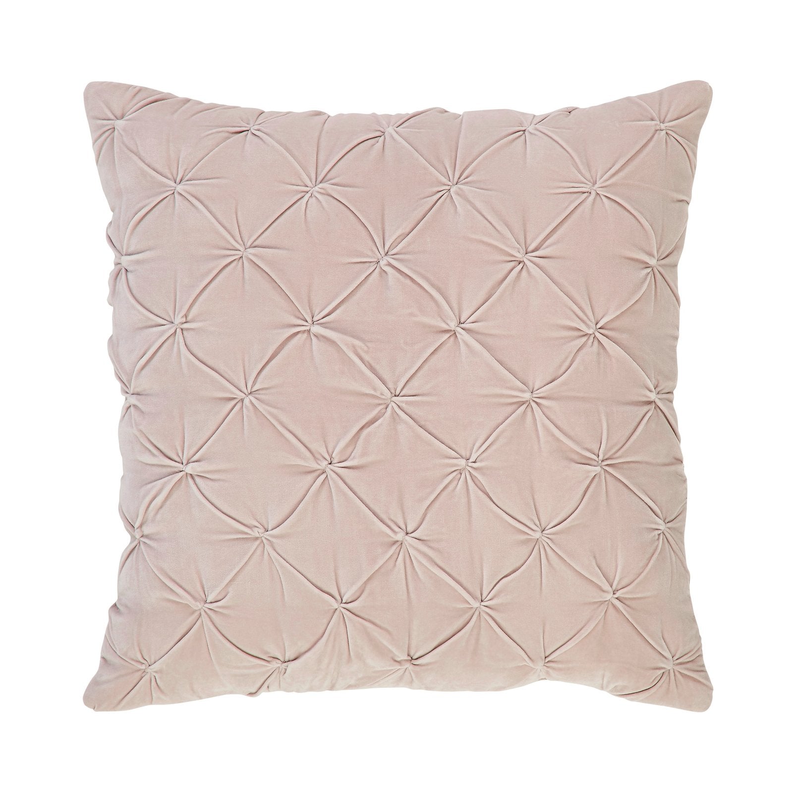 ES-325-2626_1|Luxurious blush pink velvet quilted cushion with elegant diamond tufting, providing sophisticated comfort and style.