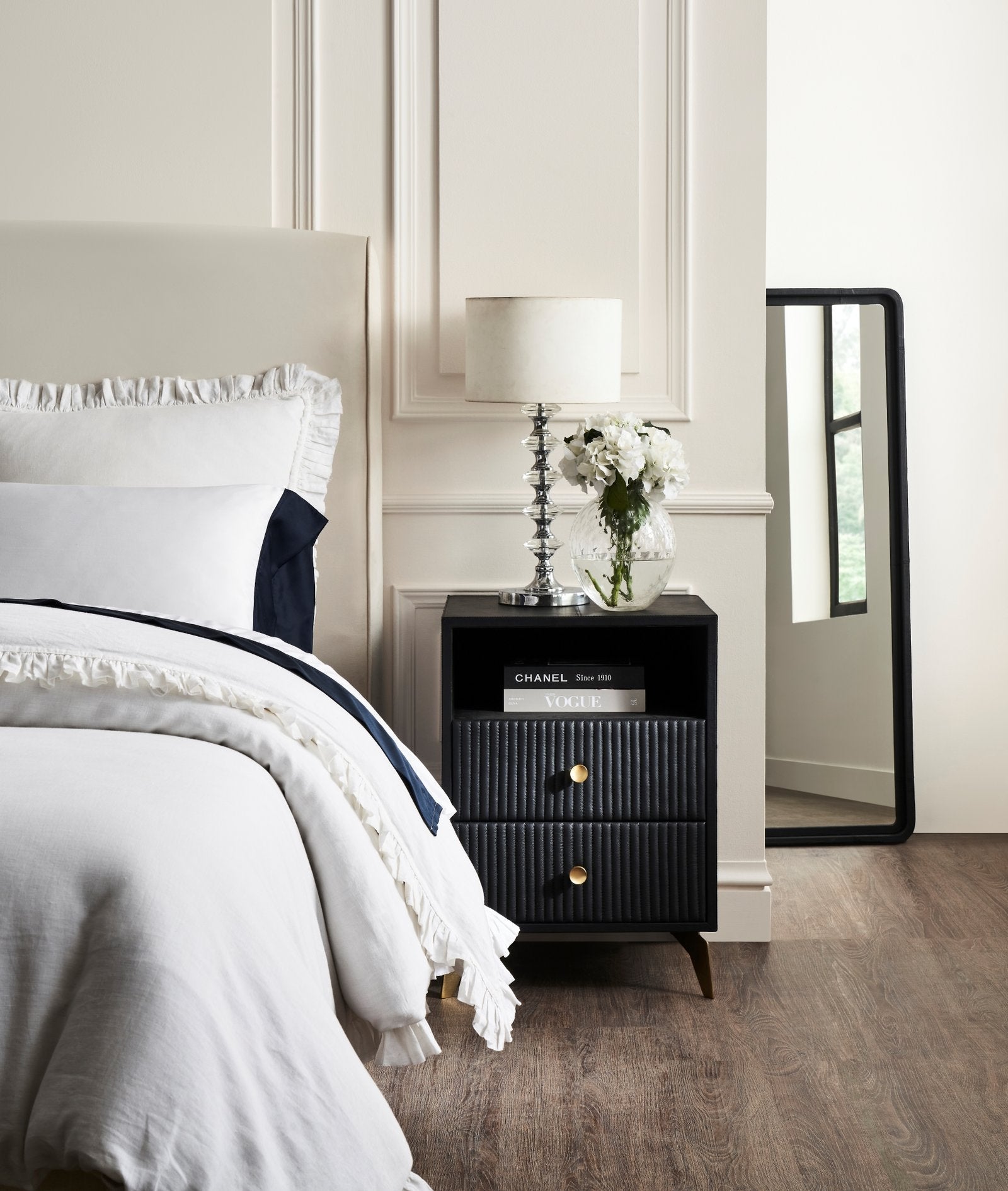 FN-5202-X_1|Modern black fluted nightstand with two drawers and elegant gold pulls, perfect for contemporary bedroom storage.