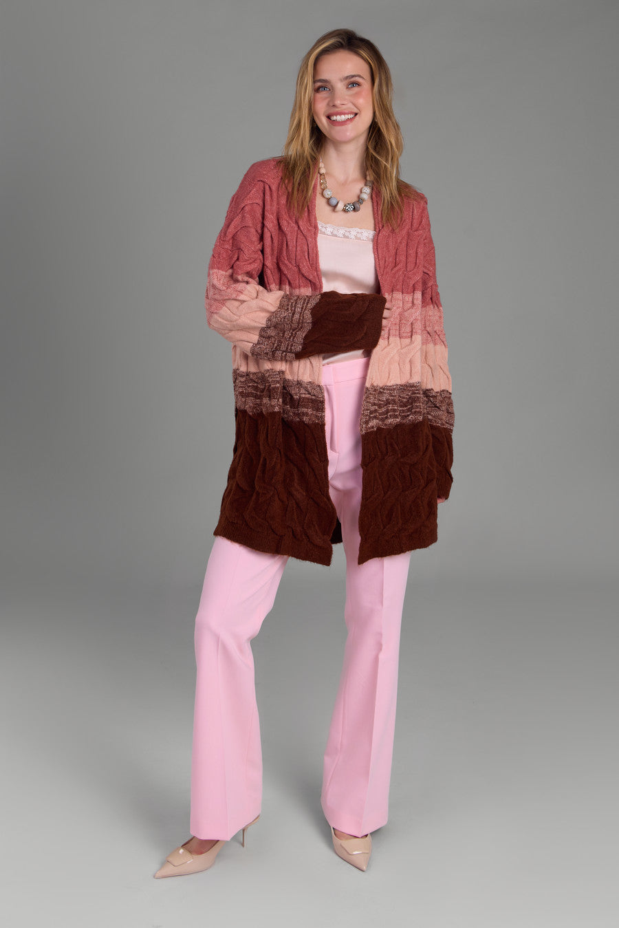 Cable Knit Color Block Cardigan - Dark Salmon