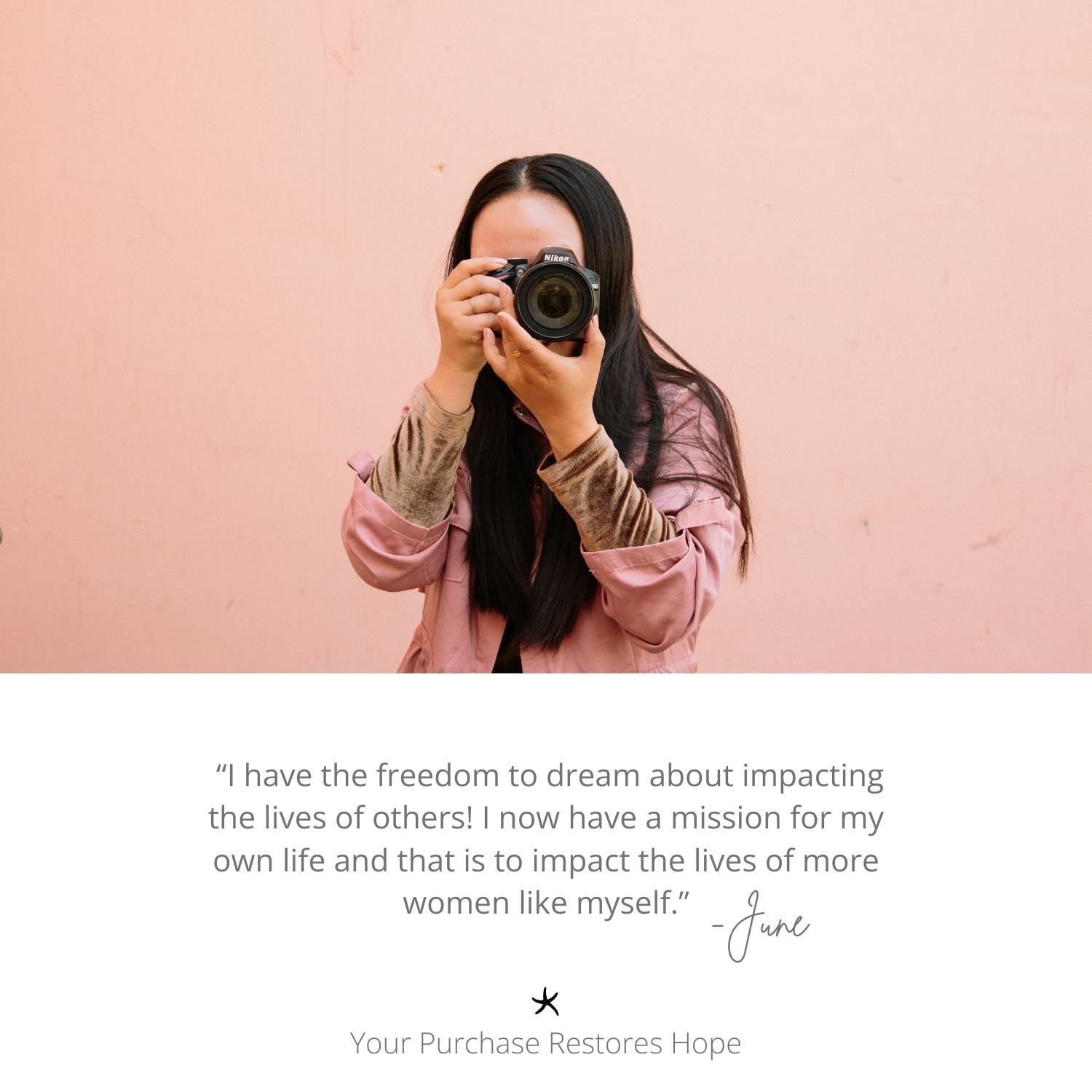 Photo of a photographer, woman holding a camera, symbol of starfish, career development, handcrafted jewelry, quality jewelry