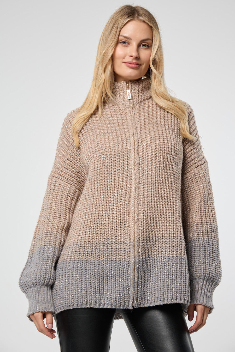 Zip Up Sequin Cardigan - Beige
