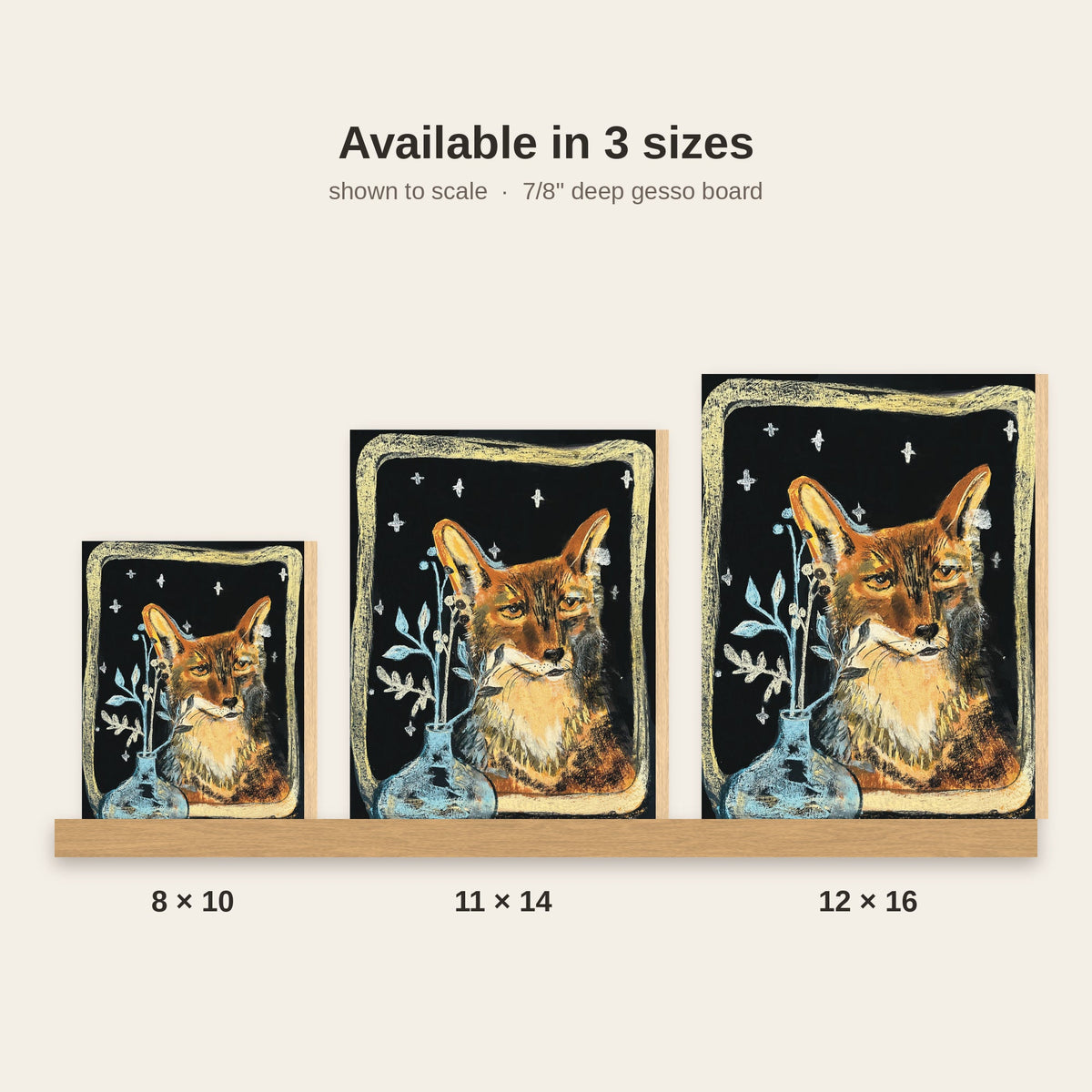 Fox with the Vase art print shown in three sizes, 8×10, 11×14 and 12×16, on a beige background