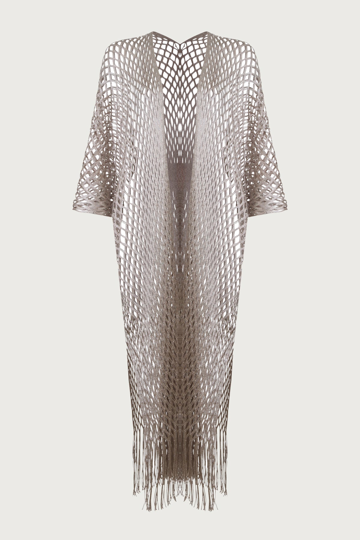 Metallic Fringe Kimono - Taupe