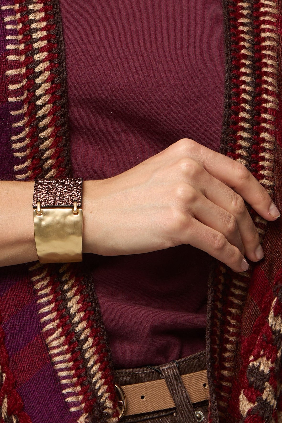 Ruffle Leather Metal Bracelet - Gold