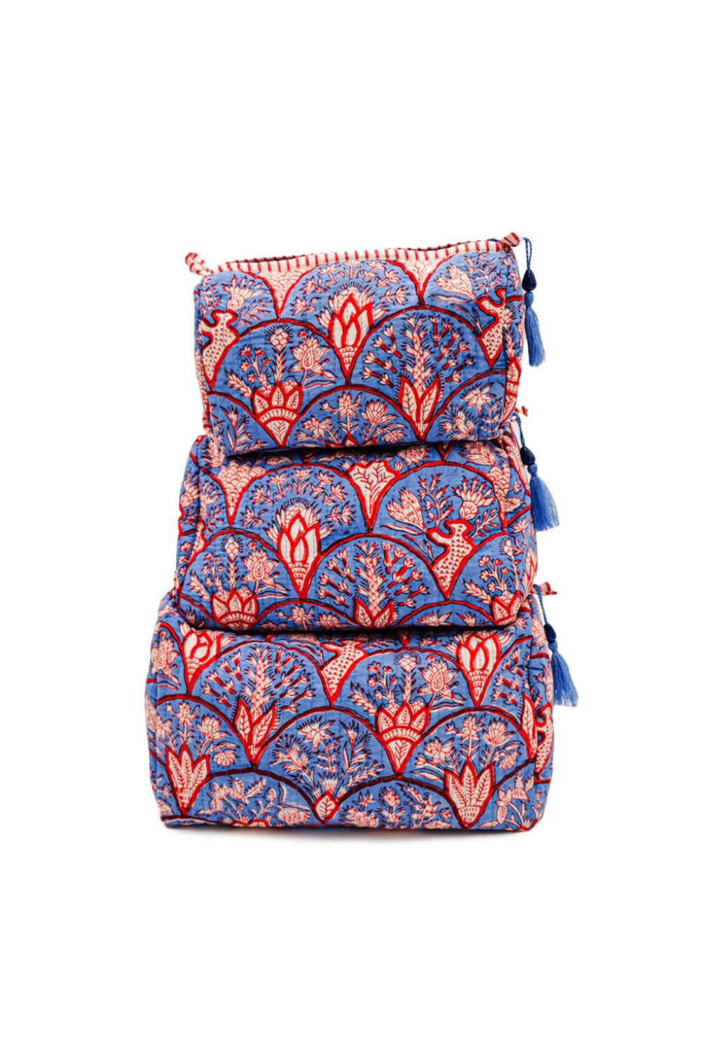 Stacked Blue Arch toiletry bags from Inner Child