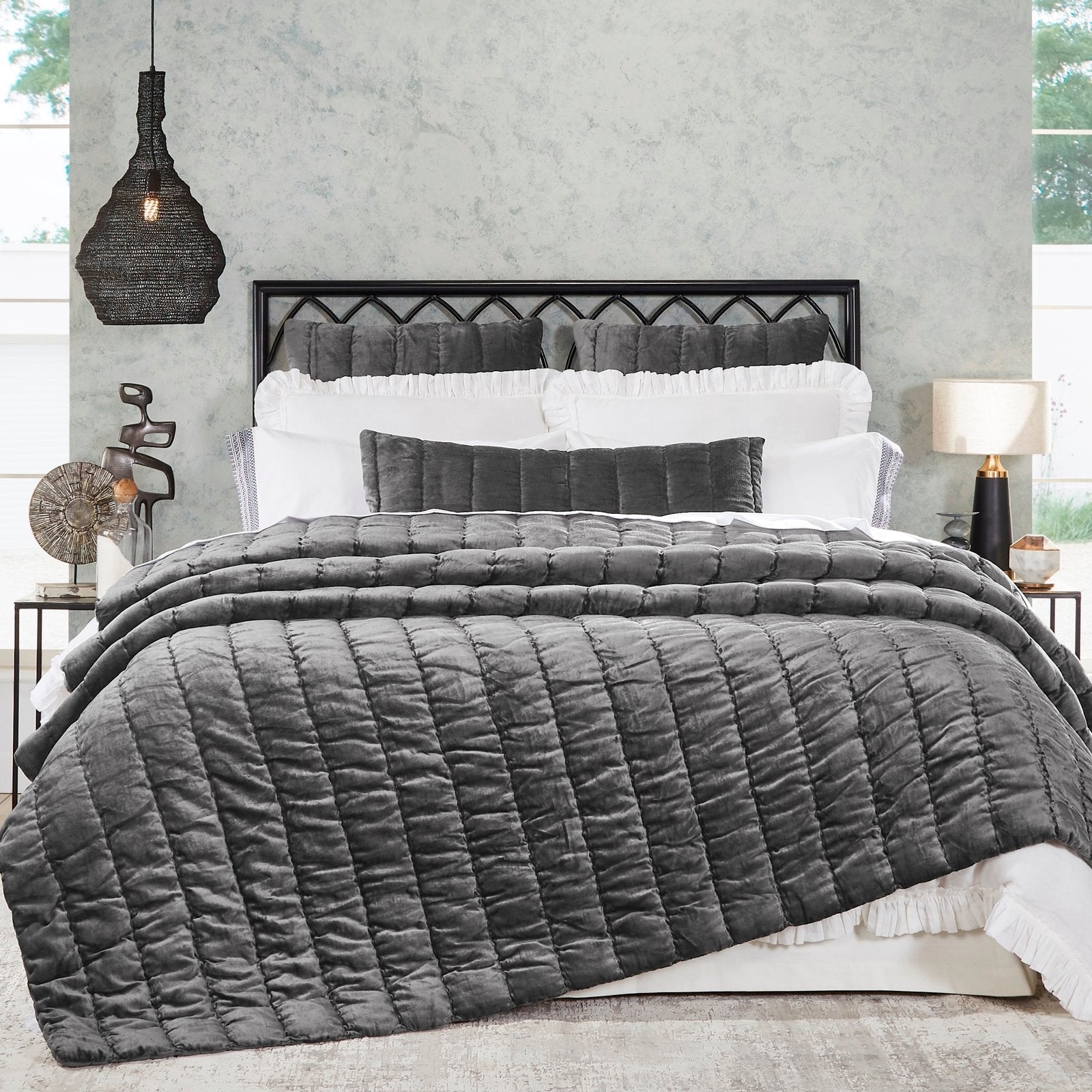 QT-338-9496-LOT1_1|Modern dark grey velvet quilt featuring a unique horizontal gathered pattern, ideal for a sophisticated and comfortable bedroom.