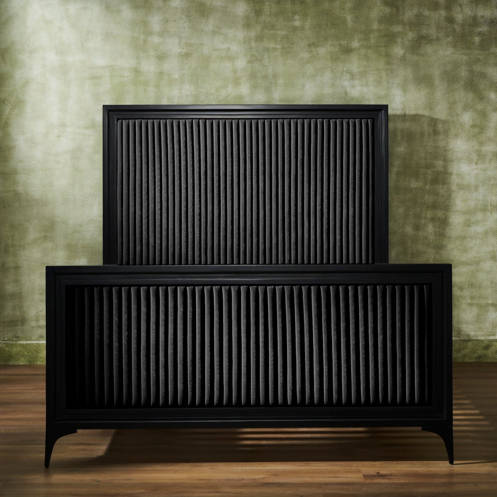 FN-5210-7680_5|Black channel tufted leather bed with black wooden frame, elegant bedroom furniture for modern luxury spaces.