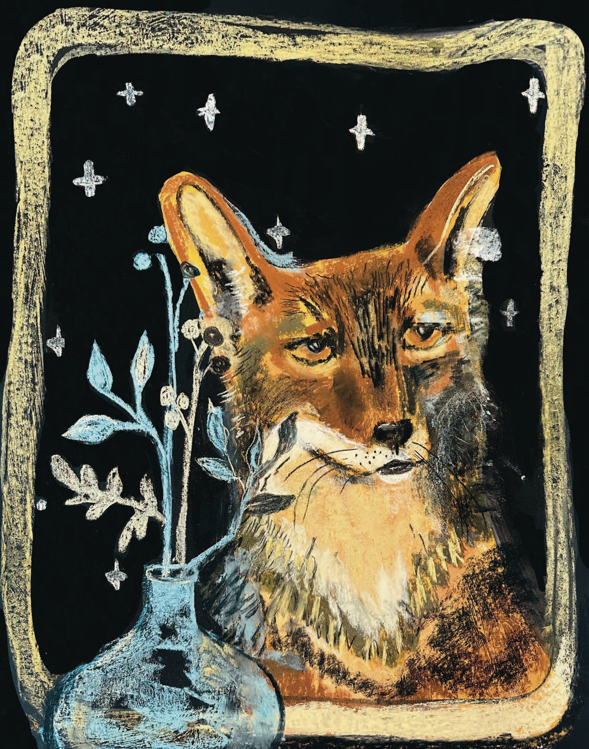 “Fox with the Vase” wildlife art print: an orange fox in a gold window frame beside a blue vase, under a starry night sky, on gesso board