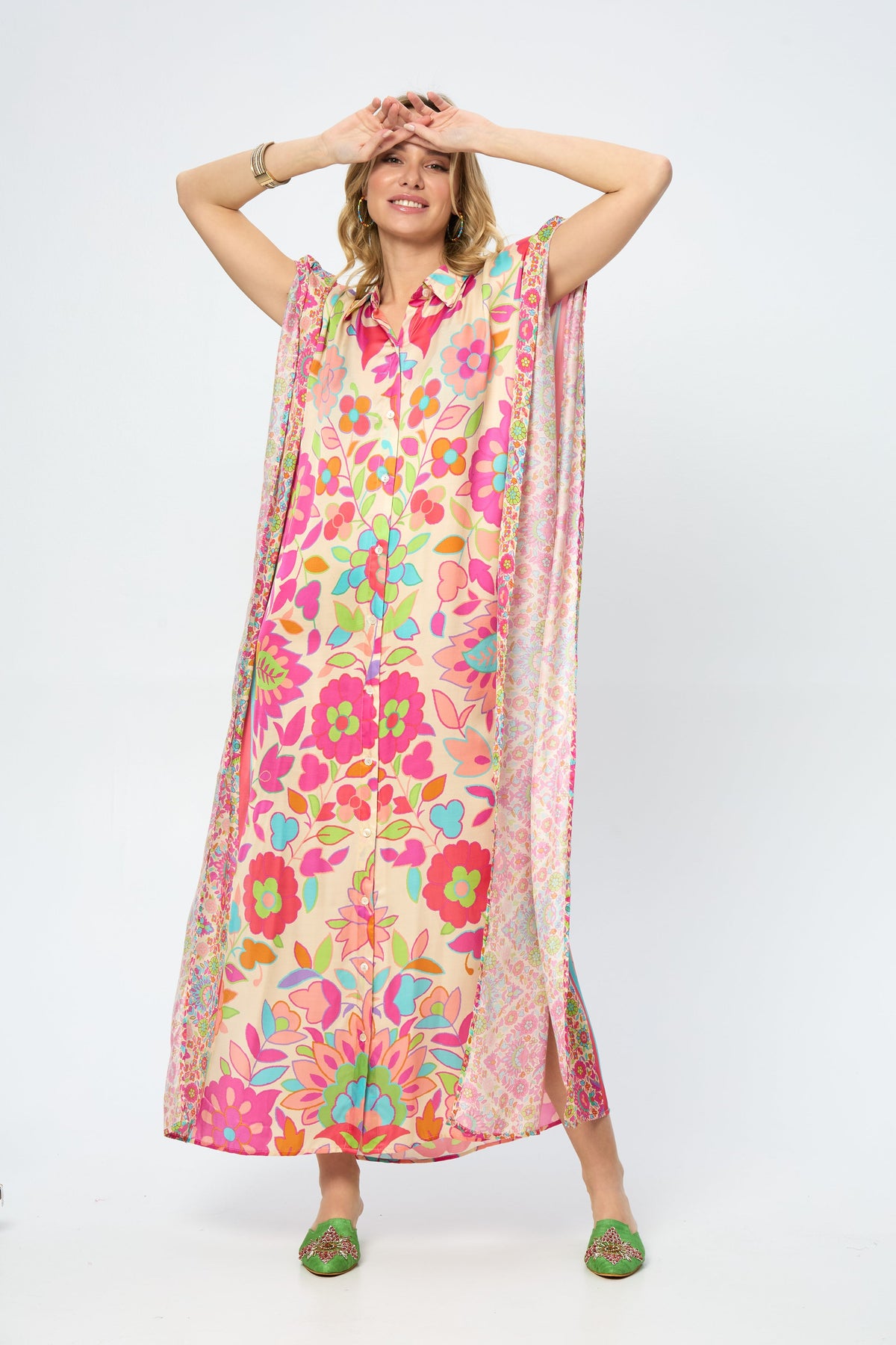 Multicolored Floral Collared Kaftan - Multi