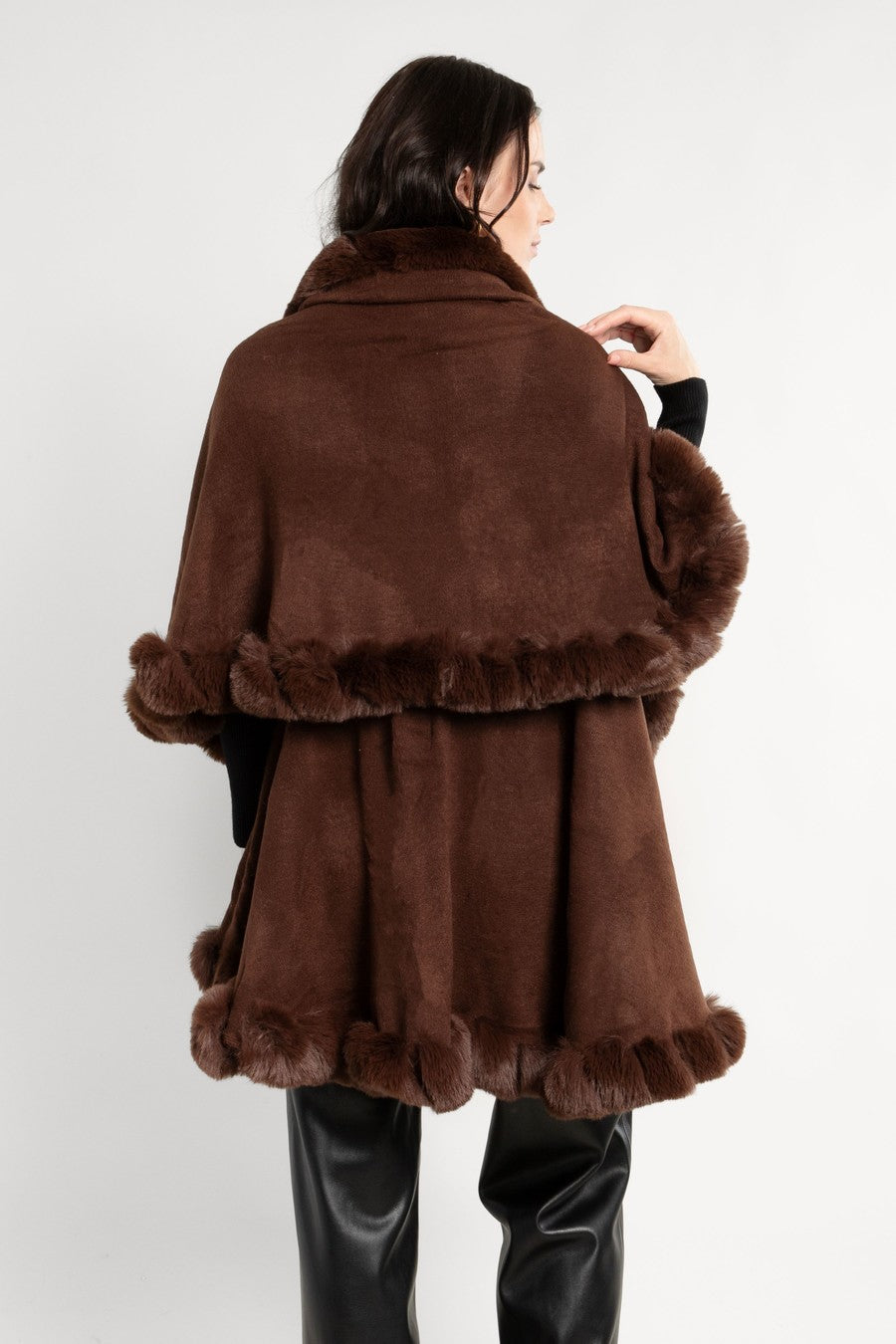 Layered Kimono Faux Fur Cape - Brown