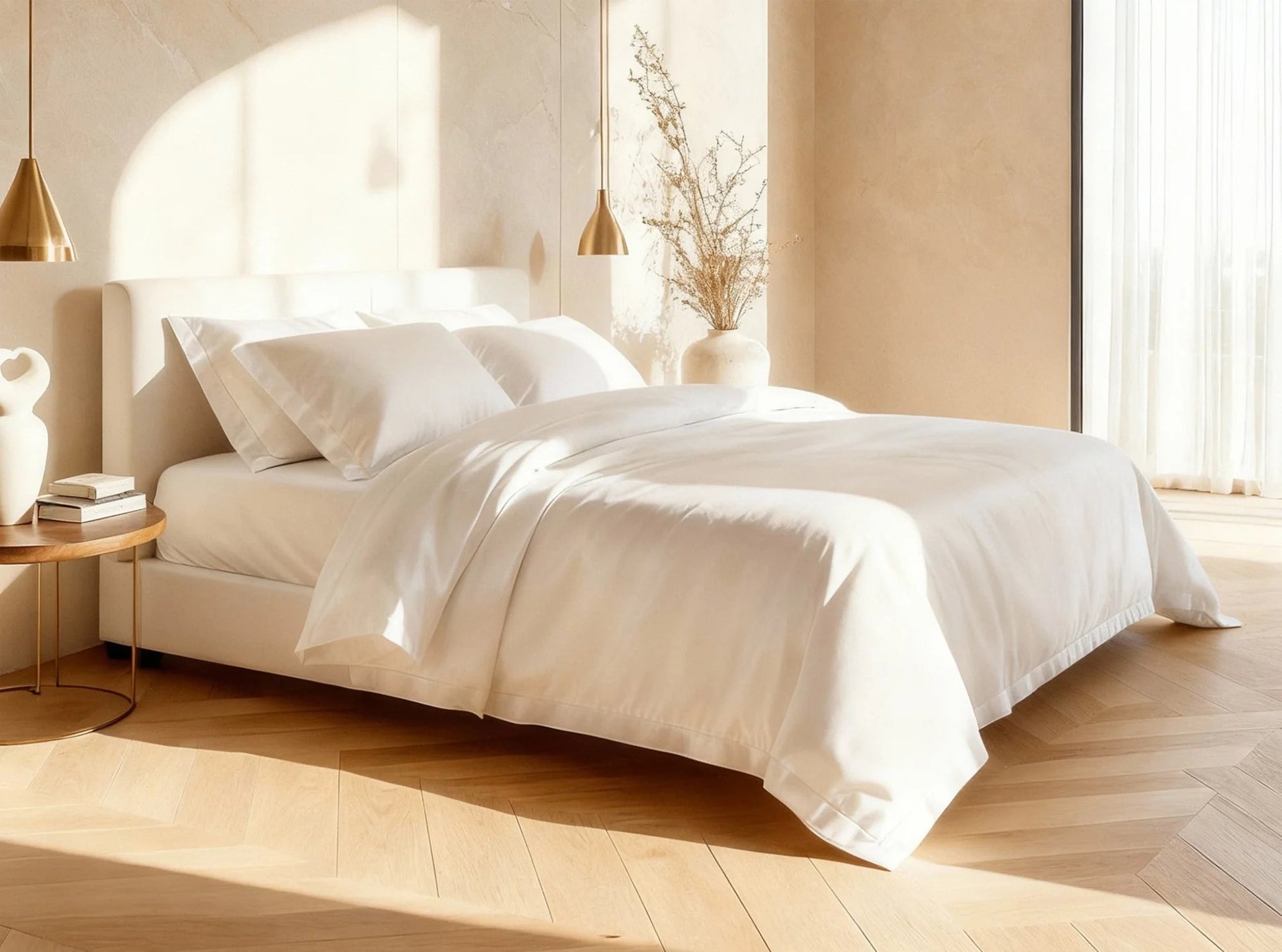 White organic cotton sateen duvet cover on bed - buttery soft luxury bedding