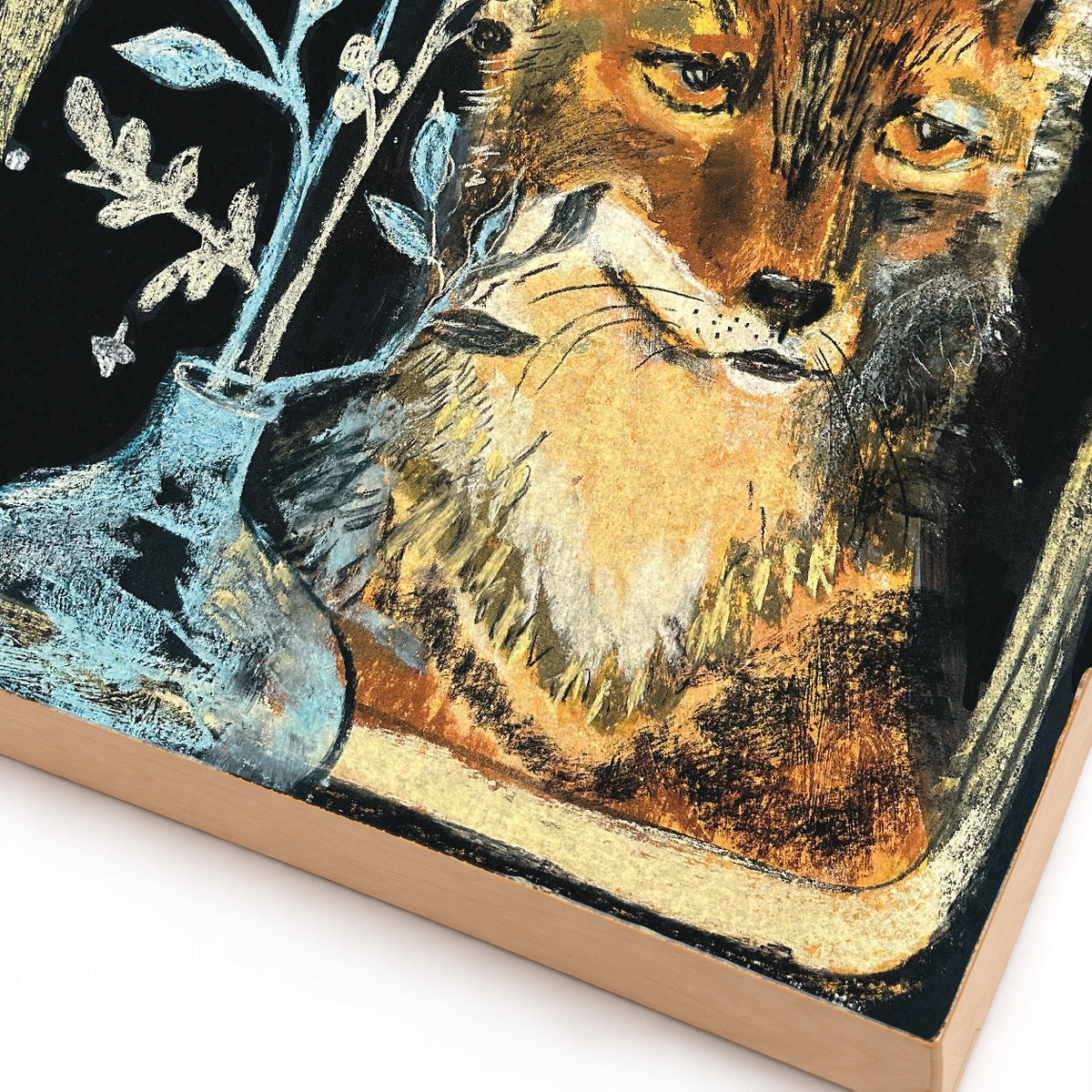 Close-up detail of the Fox with the Vase art print showing the print and wood edge