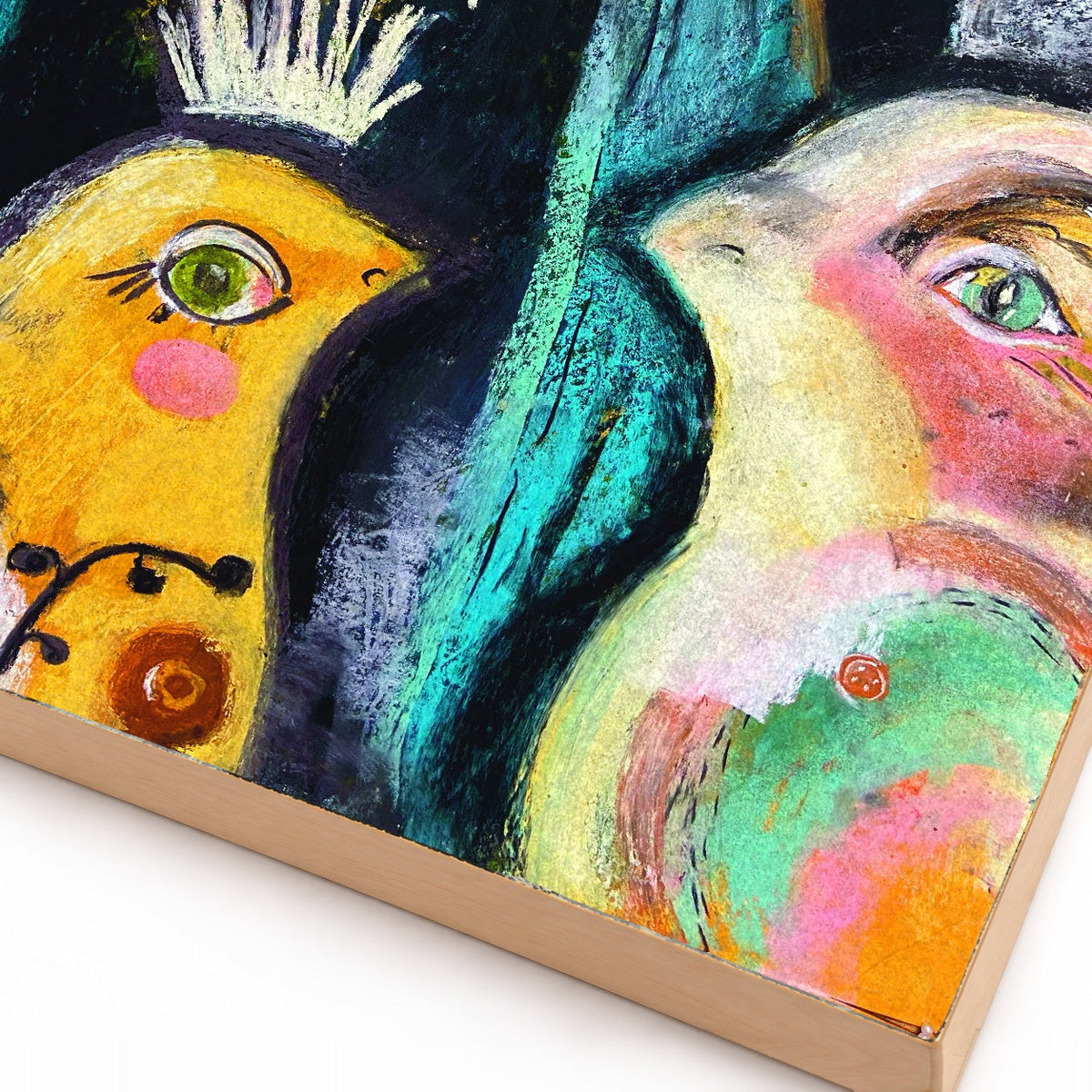 Close-up detail of the New Friend bird art print in turquoise and yellow, showing the print and wood edge