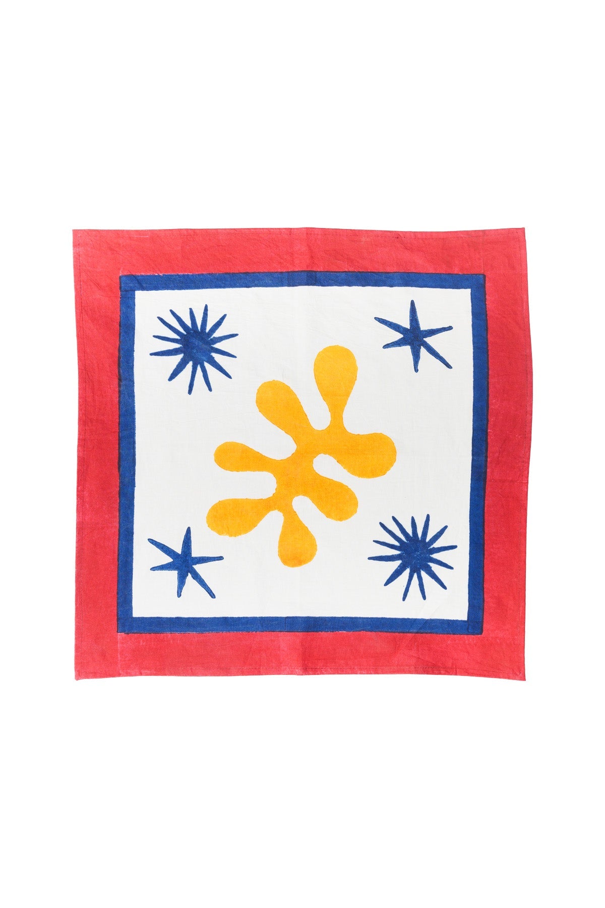 Inner Child Celestial Matisse blockprint napkins set of 4 with red border, blue accents, yellow abstract design