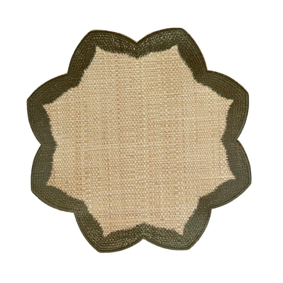 Buriti Petal placemat with flower-inspired silhouette handwoven from palm fiber in green by Talah Home