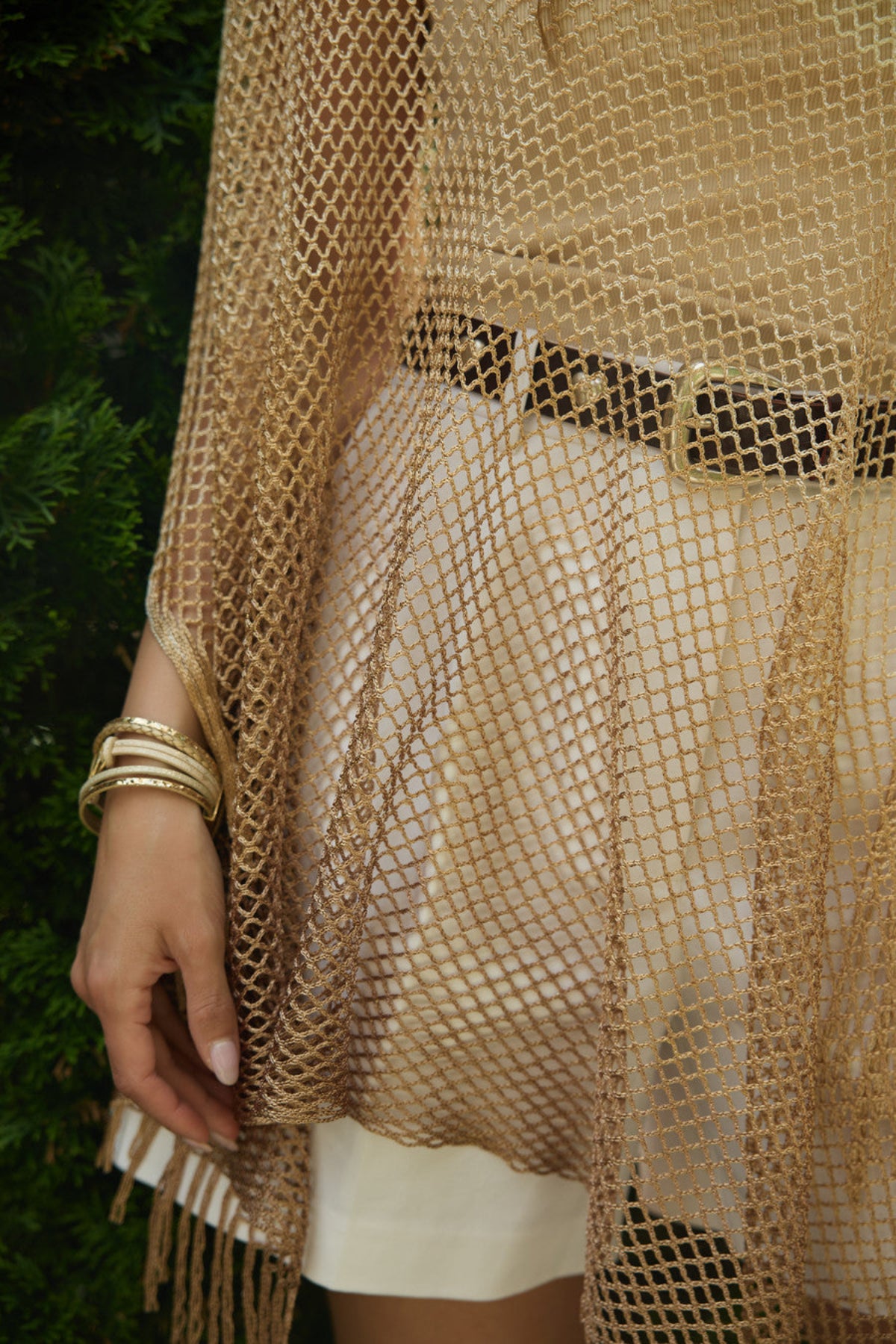 Metallic Fringe Poncho - Gold