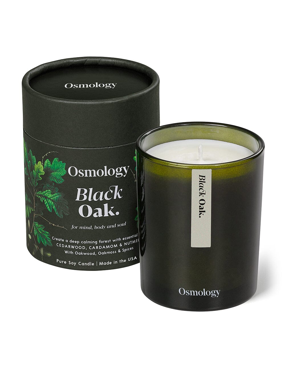 Osmology Black Oak candle with botanical illustrated product packaging tube, lid coming off at an angle