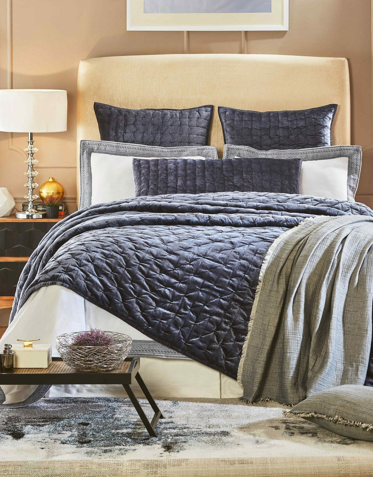 QT-313-9496_1|Luxurious dark grey velvet quilted pillows and shams, adding depth and elegance to a sophisticated modern bed ensemble.