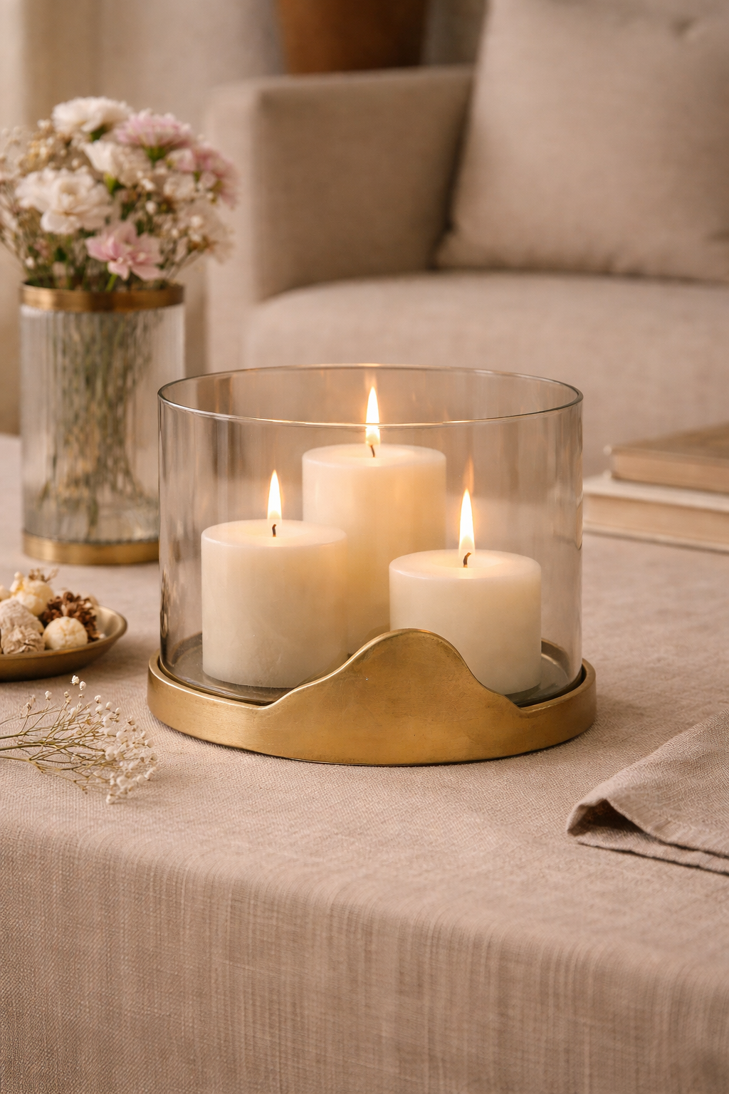 Candle holder with three candles on a table in a cozy living room setting.
