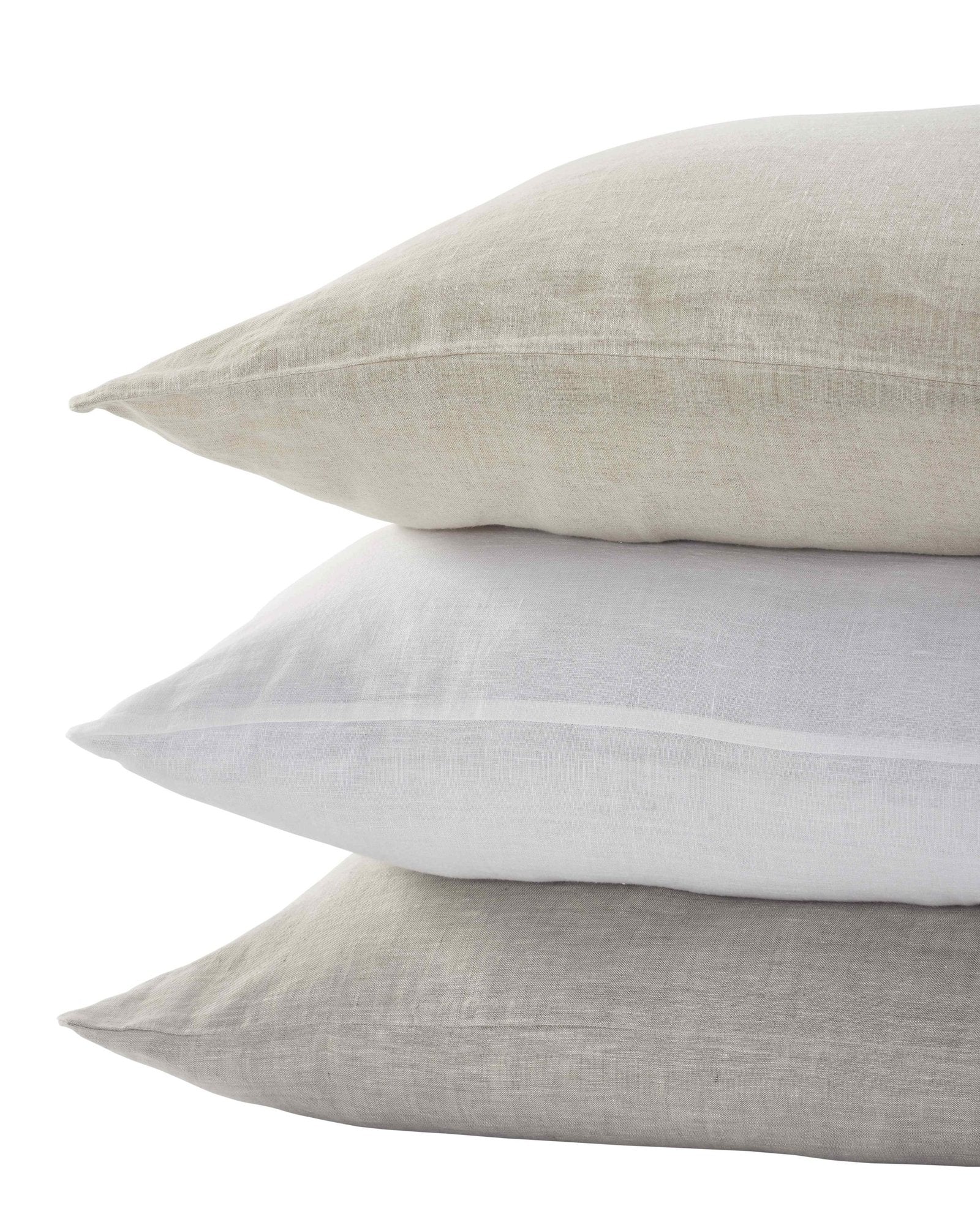 AKP-516-2040_2|Stacked 100% Linen sheets: natural, crisp white, and light grey. Breathable, durable, and luxurious textured bedding.