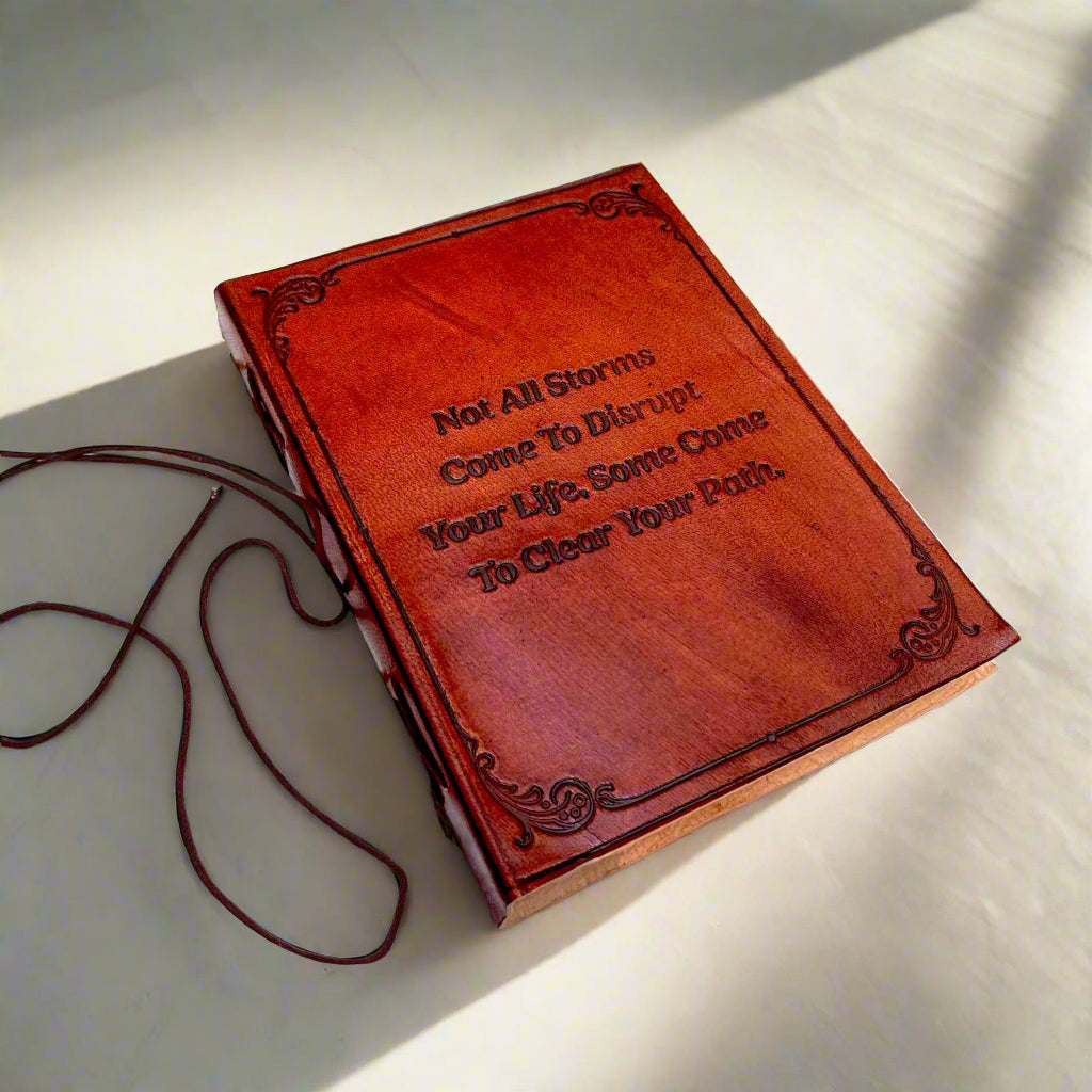 Rustic leather-bound journal with ‘Trust the Journey’ embossed – sustainable and artisanal notebook