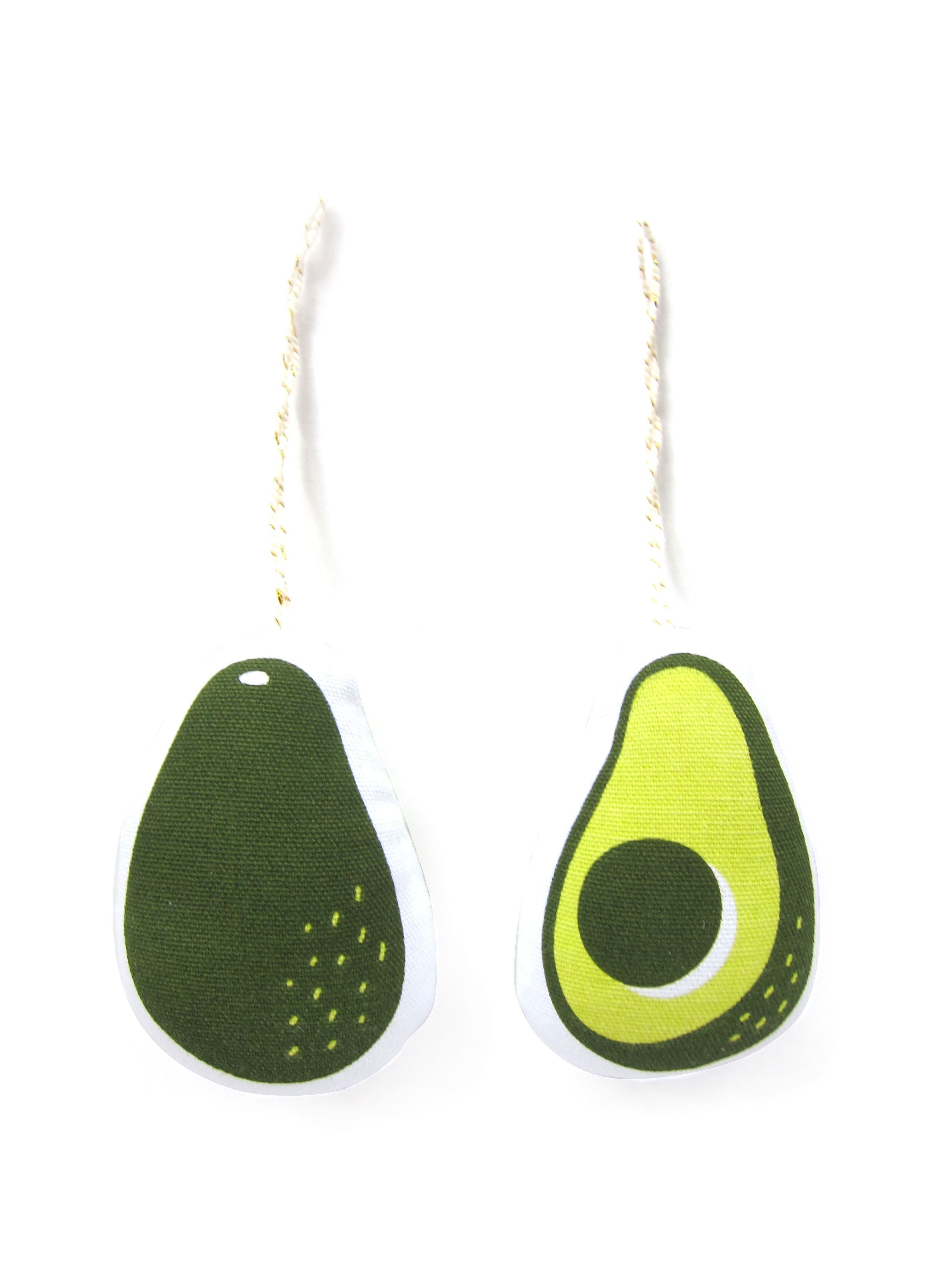 Soft ornament of an avocado; Side 1 with avocado outside, Side 2 with inner avocado and pit