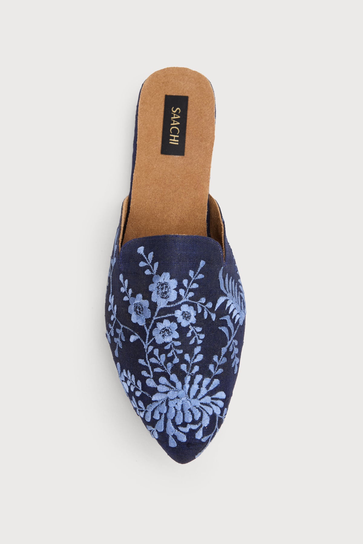 Flower and Leaf Motif Shoe Pointed Flat Mule - Navy