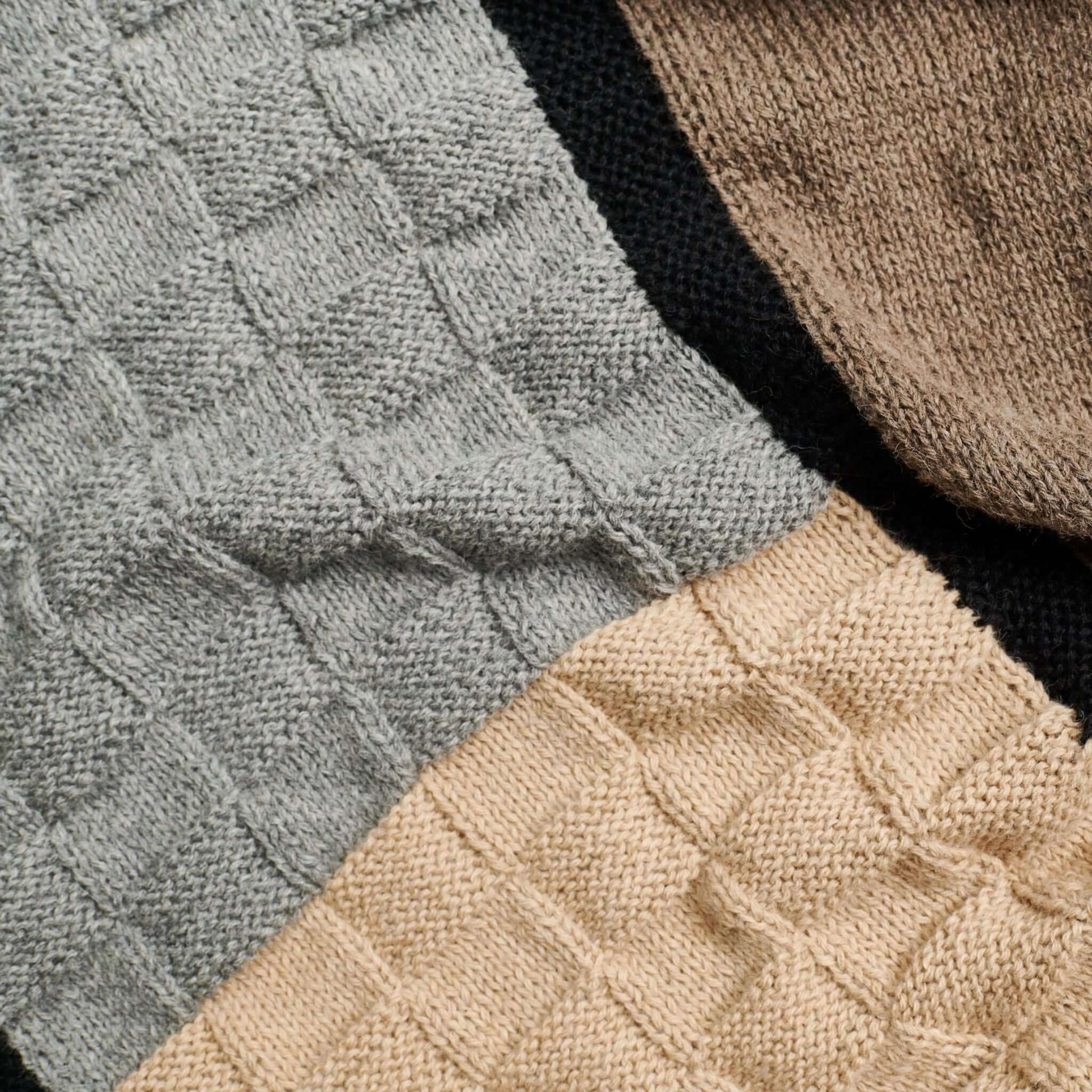 Muhu Brown Gray Hand Knitted Peruvian Alpaca Blanket / Large Plush Scarf with textured patterns in softest alpaca.