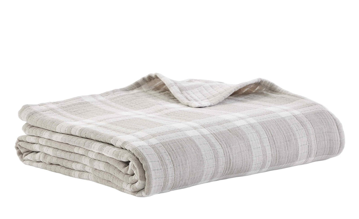 BT-120-9496_3|Neatly folded beige and white plaid blanket, ready to provide warmth and a stylish, comforting accent to any space.