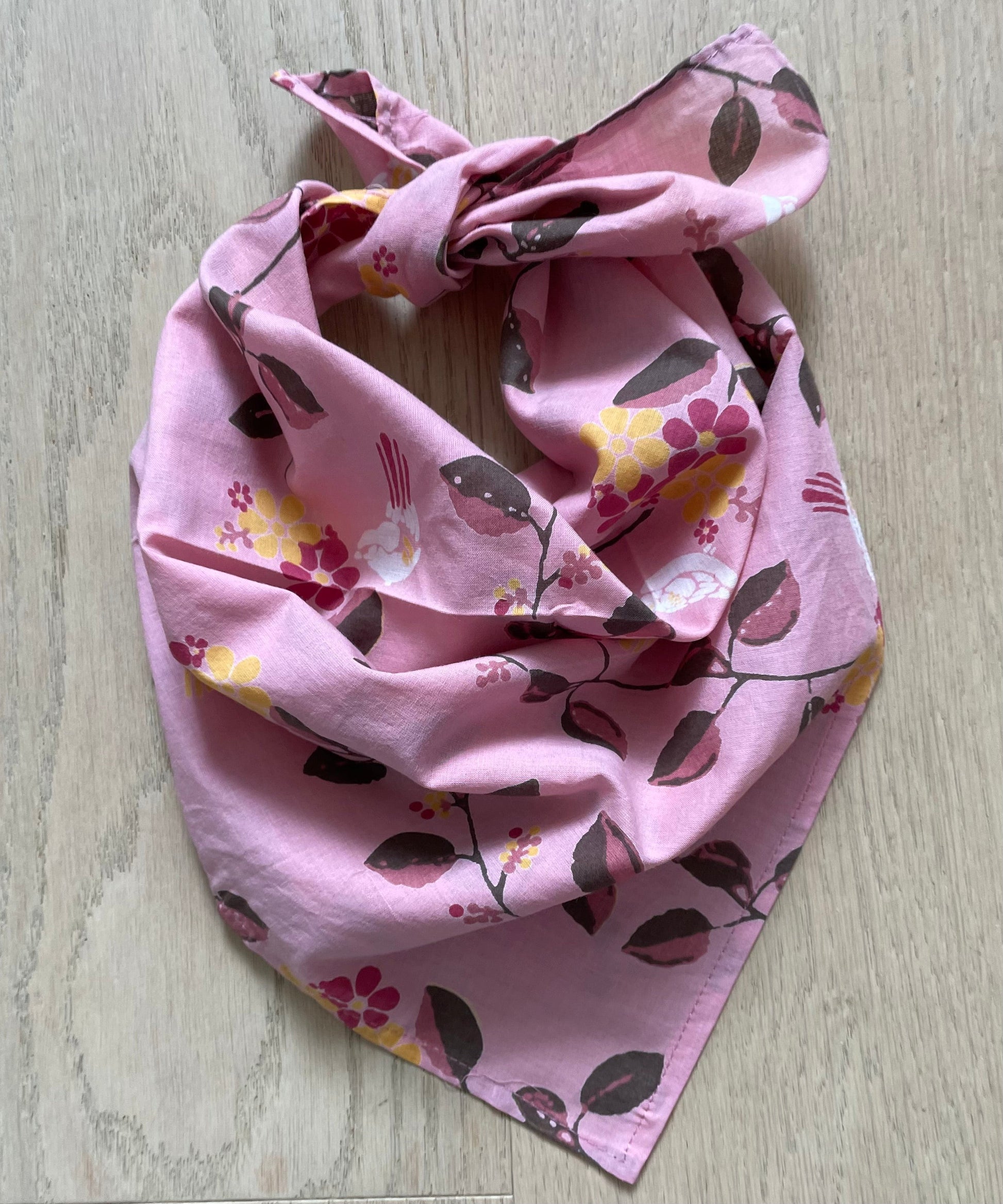 Bandana Scarf - Birdie on a Vine Blush Square Tied