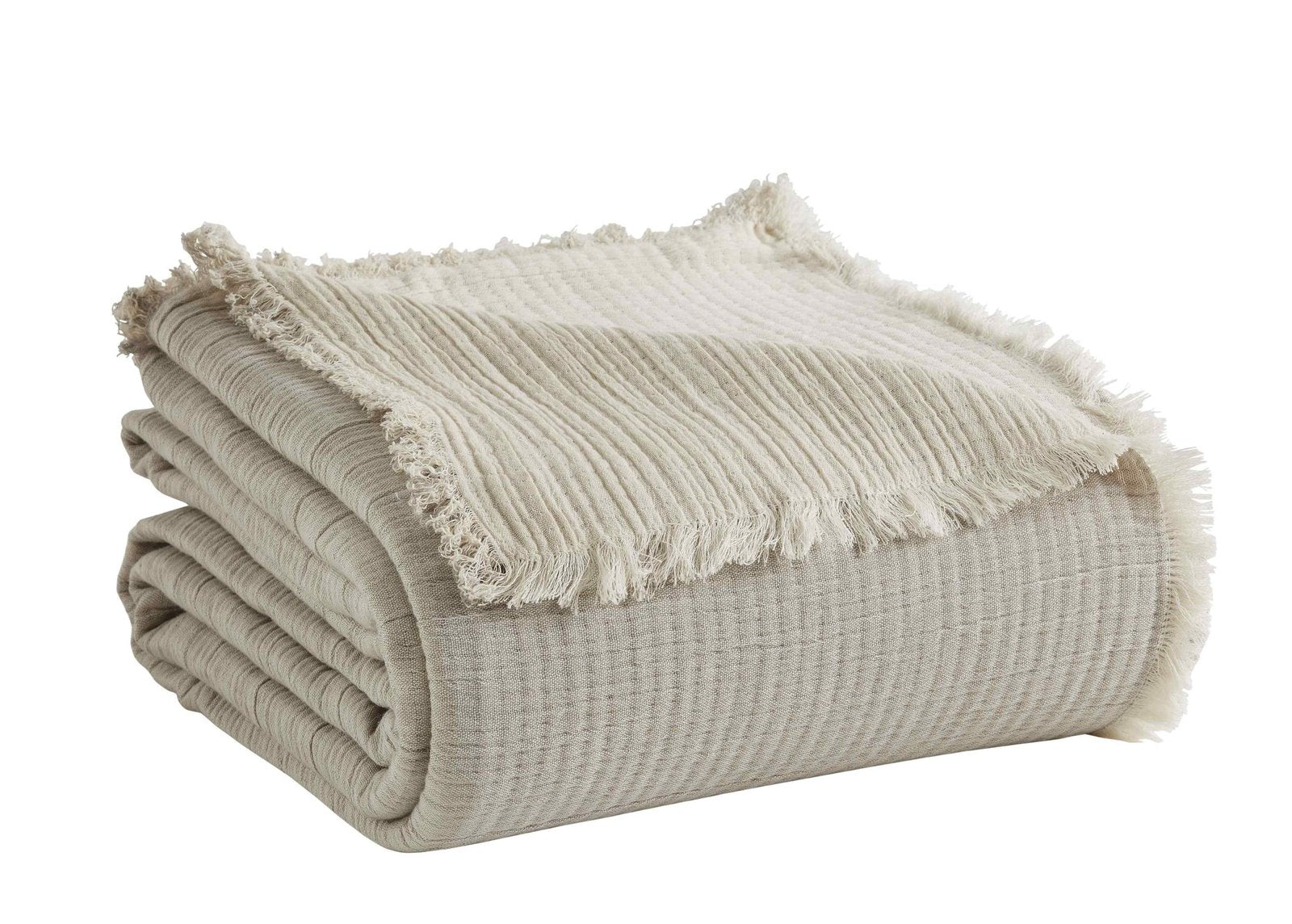 BT-102-9496_2|Folded light grey textured blanket with stylish fringe, offering cozy warmth and a sophisticated neutral accent for home.