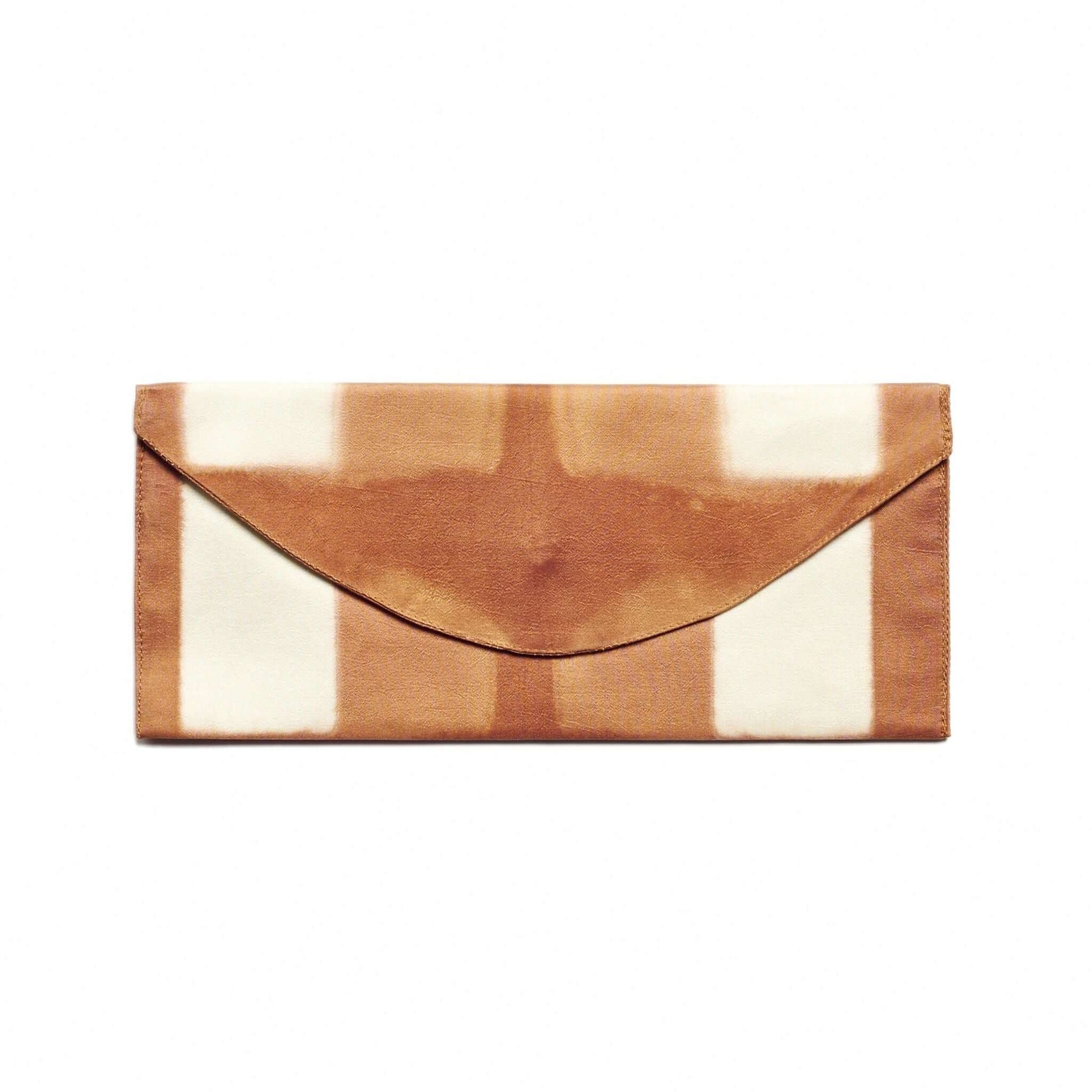 Melo Gold Mulberry Silk Shibori Hand Crafted Envelope Pouch featuring a stylish design in earthy tones.
