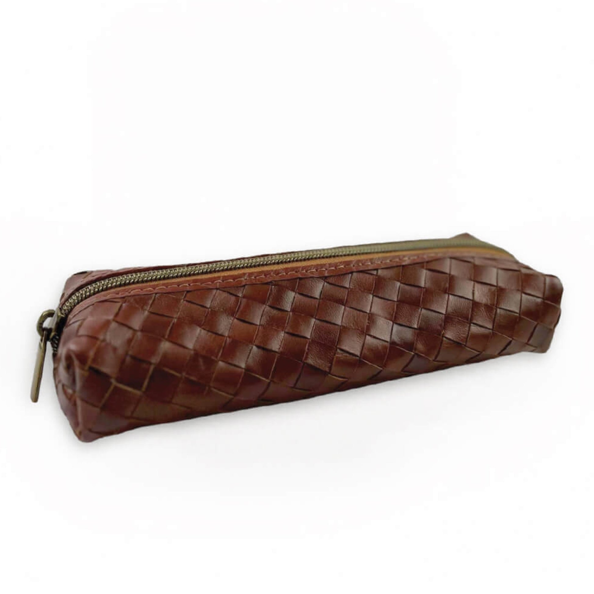 Brown woven leather pencil case on a white background