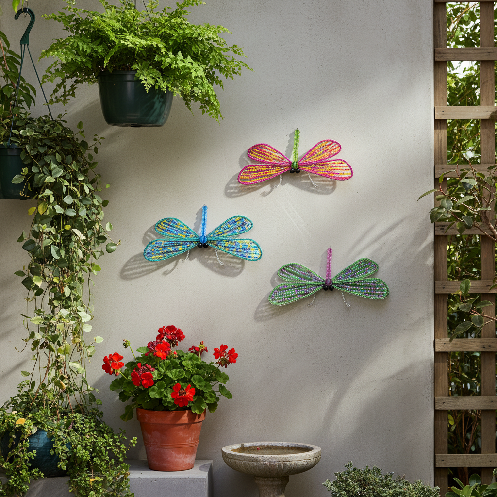 Dragonfly Lg Asst Set of 3 - colorful beaded dragonfly wall art on patio garden wall