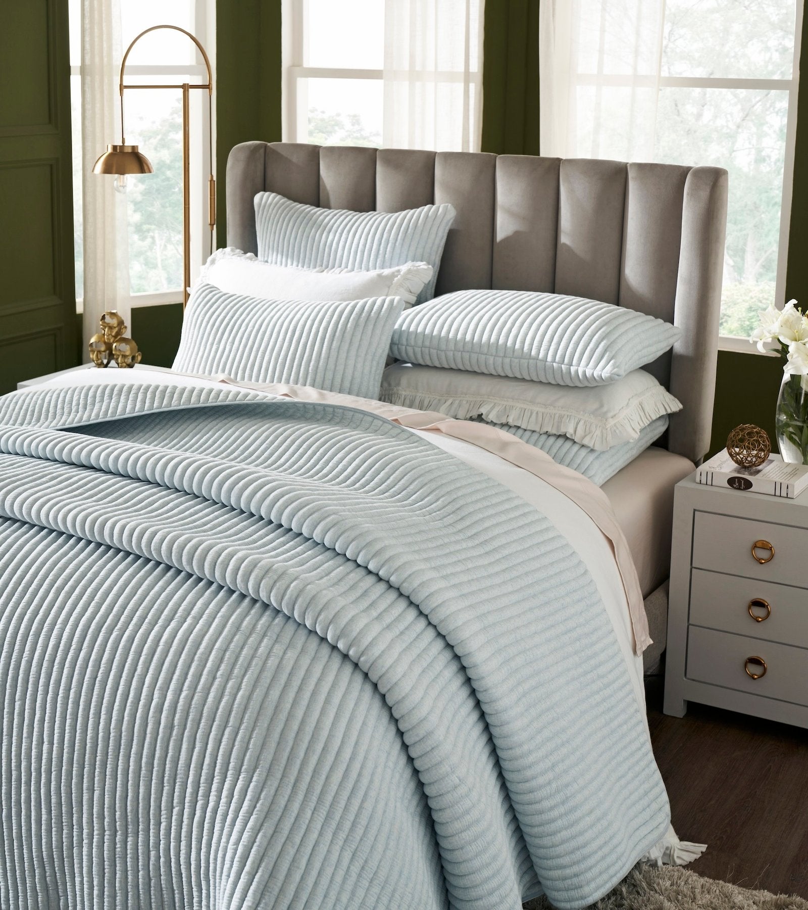 QT-369-9496_3|Close-up of light blue ribbed quilted bedspread, showcasing its unique textured design and soft, inviting comfort.