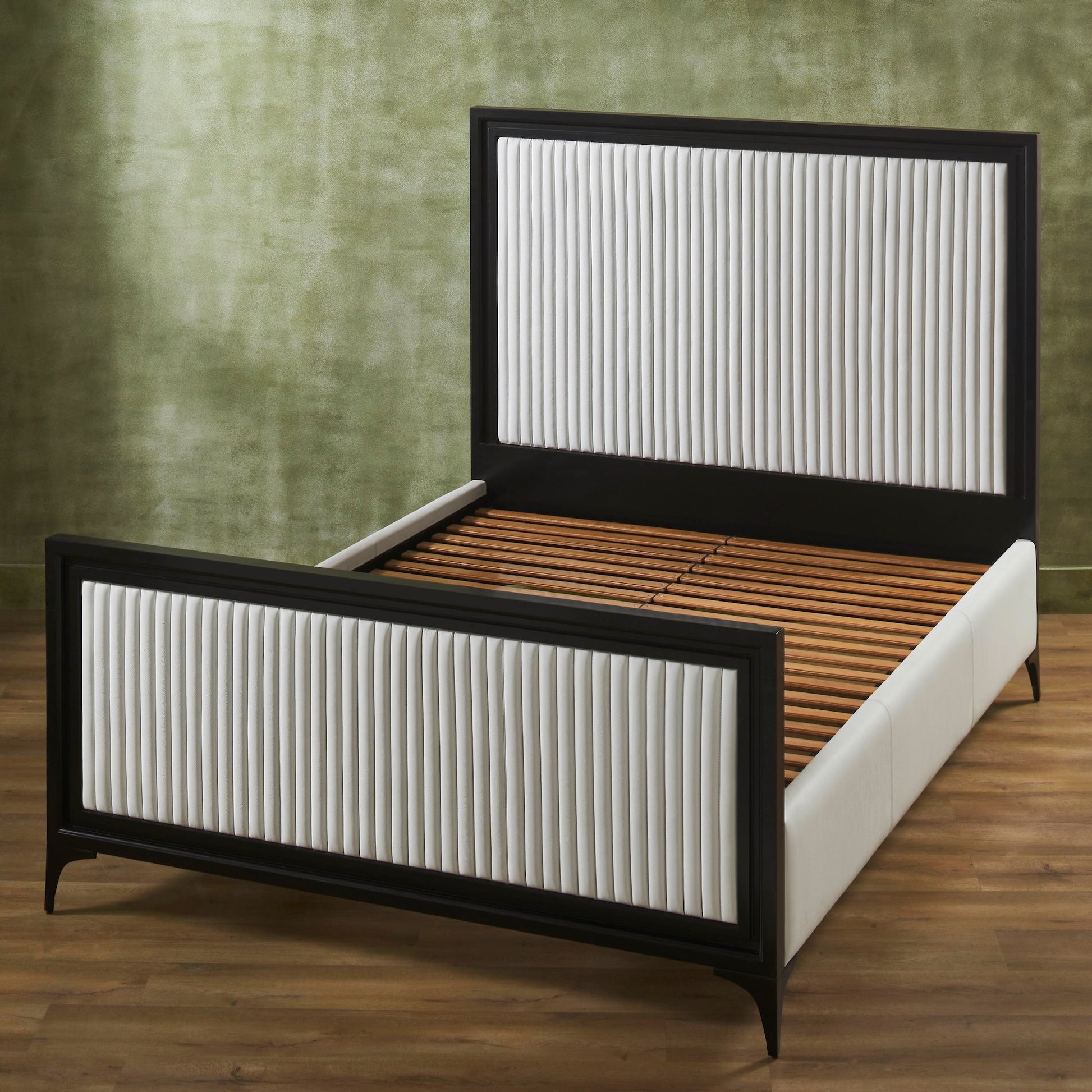 FN-5209-7680_4|Stunning white leather bed with black frame and vertical channel headboard and footboard, showcasing sturdy wooden slat support.