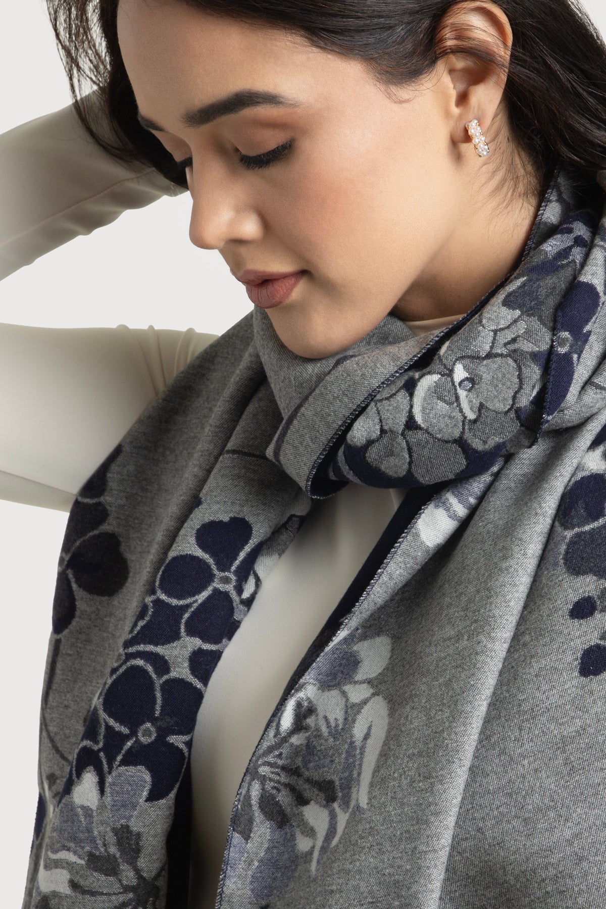 Two Color Floral Reversible Scarf - Navy