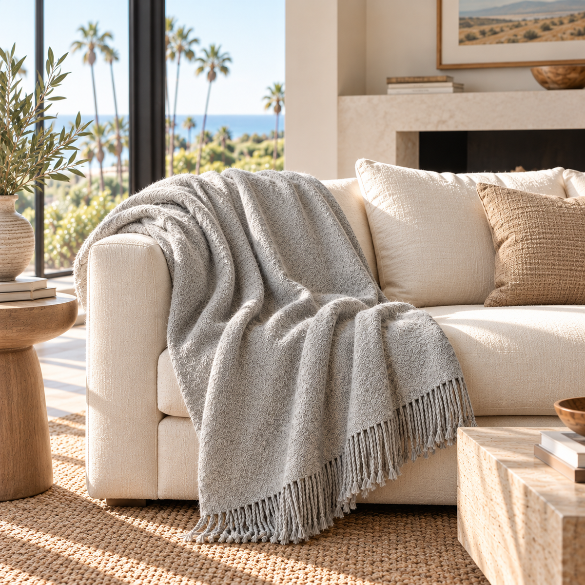 Silver handloomed undyed baby alpaca & Peruvian Pima cotton throw blanket, Kulsi Collection, made in Peru