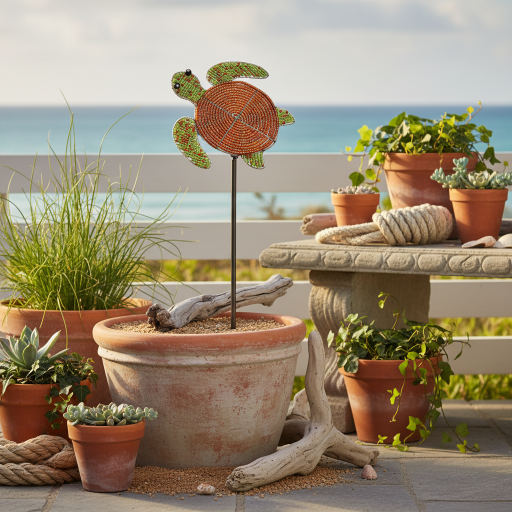 Beaded sea turtle garden stake in a coastal patio garden setting