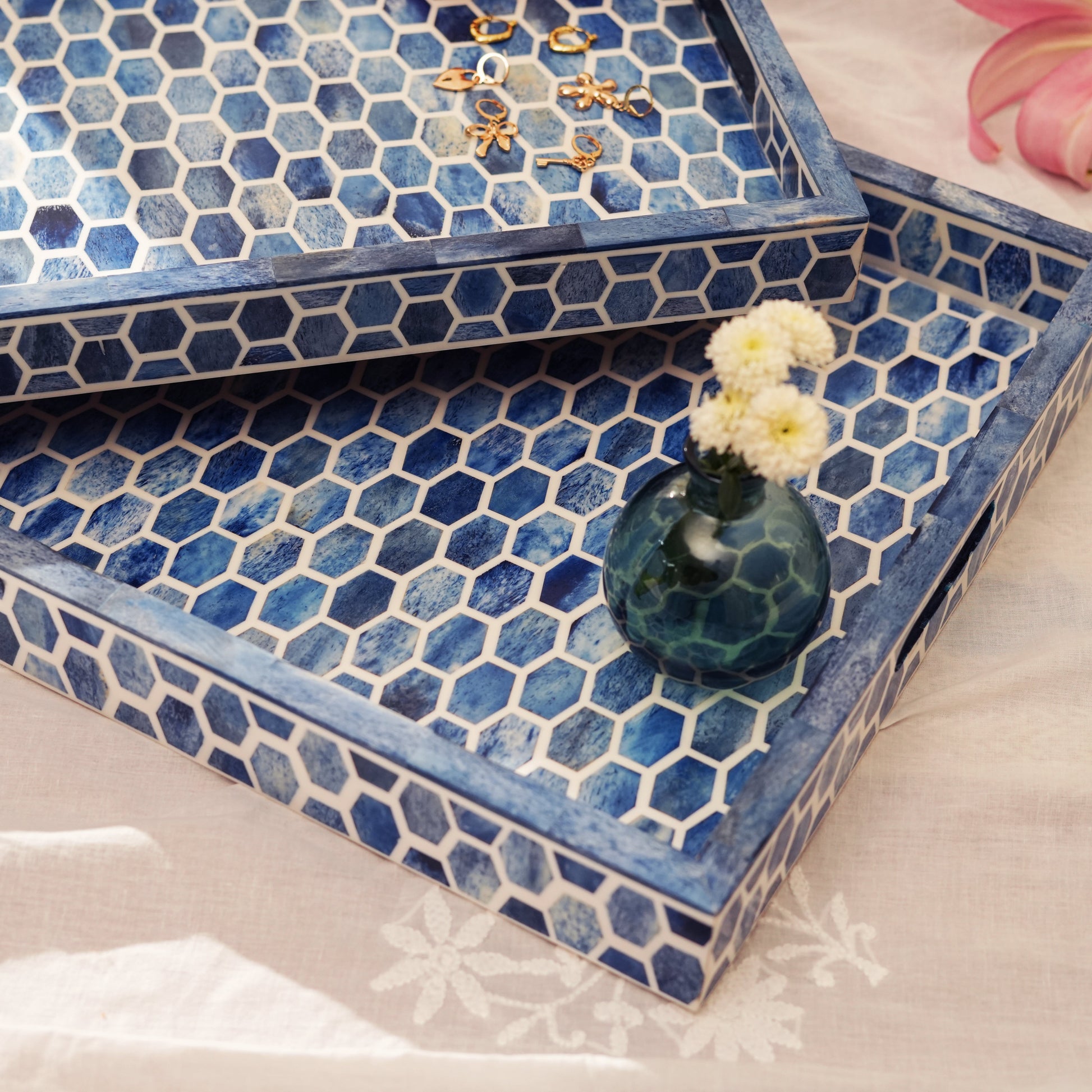 Mela Artisans Gramercy Blue Bone Inlay Decorative Tray, available in Medium and Large sizes.